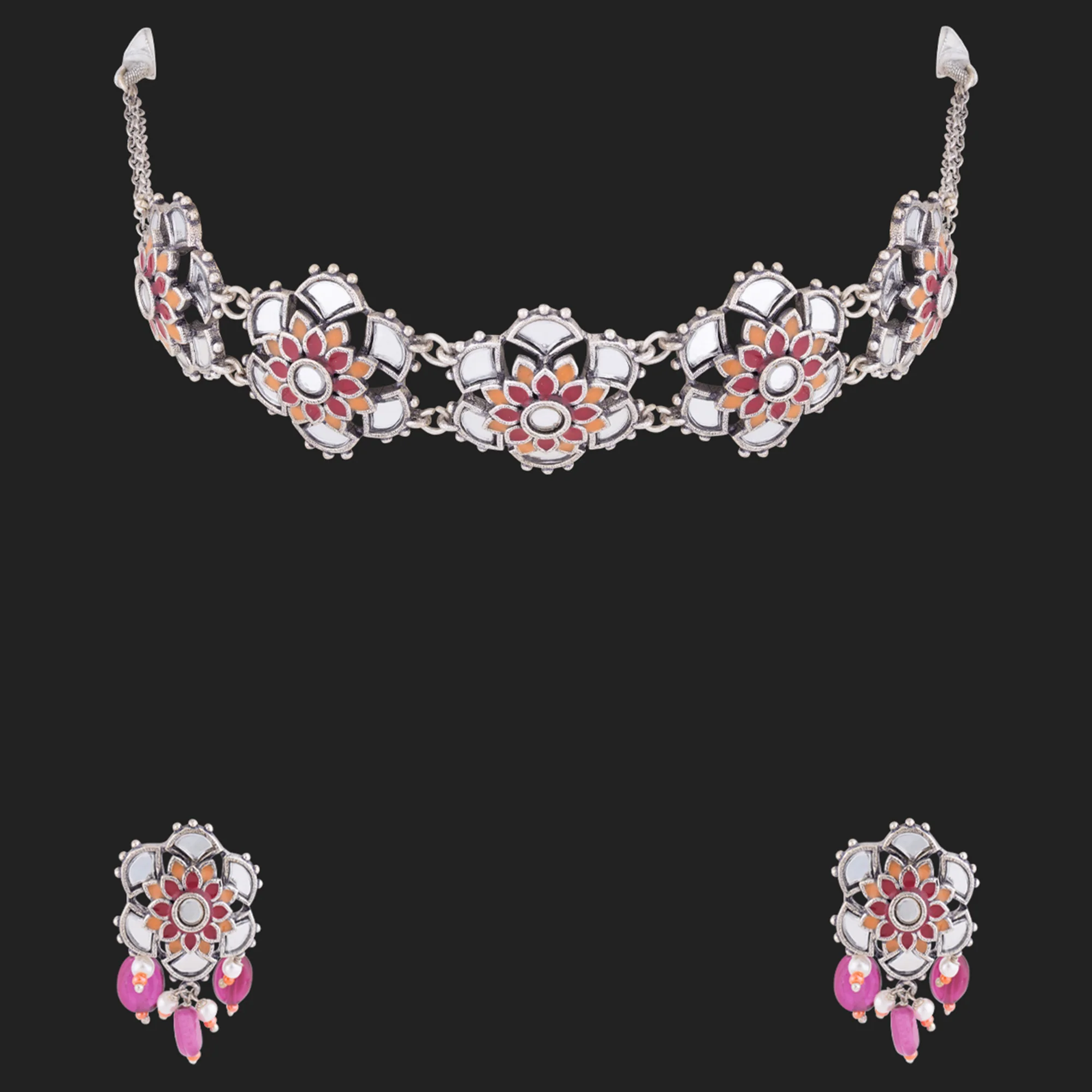 Thikri Enameled Floral Motifs Necklace Set - Image 3
