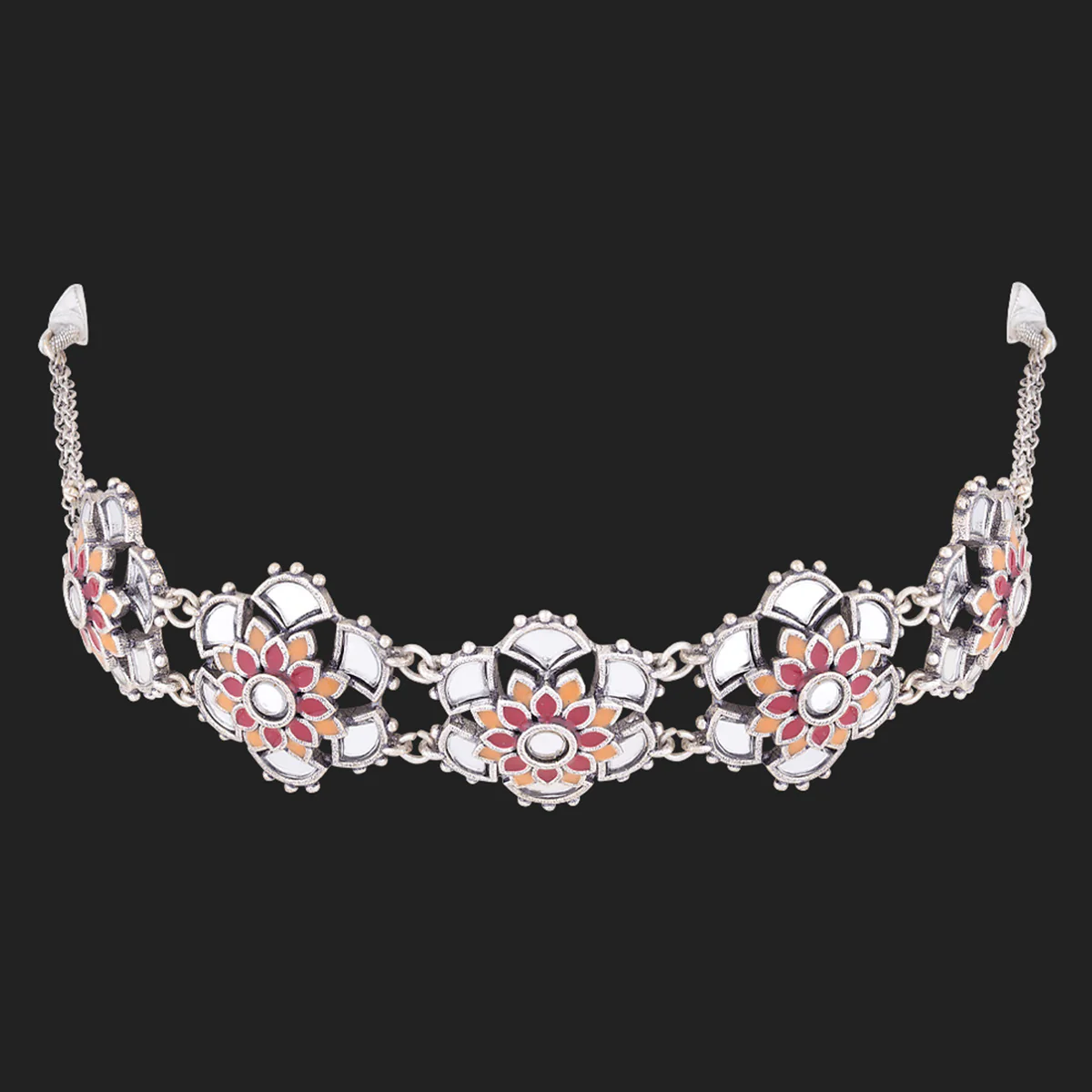 Thikri Enameled Floral Motifs Necklace Set - Image 4