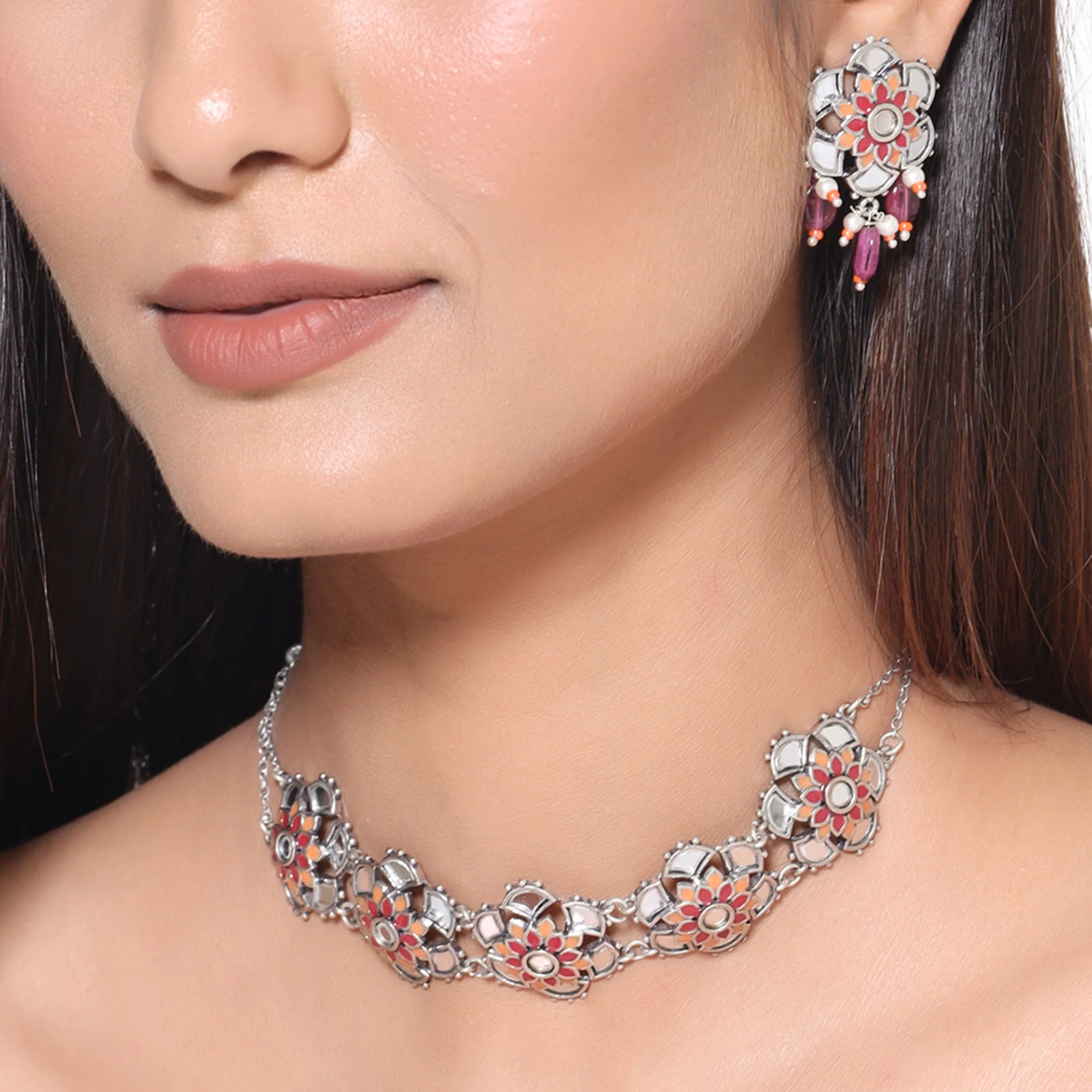 Thikri Enameled Floral Motifs Necklace Set - Image 7