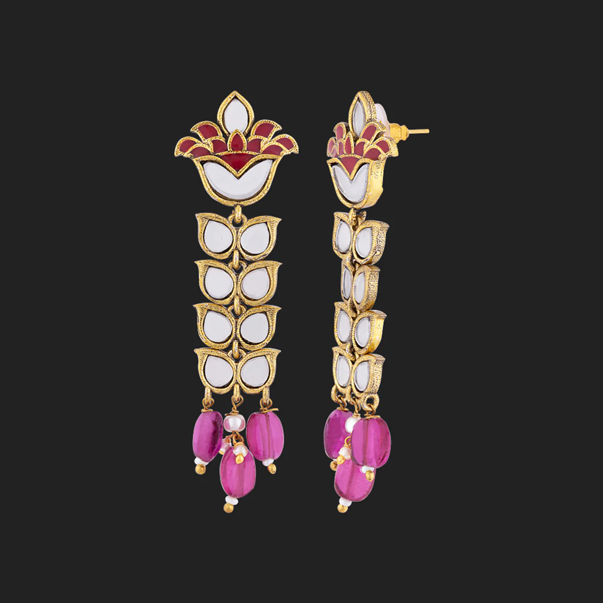 Thikri Gold Plated Petals Motifs Long Earrings - Image 4