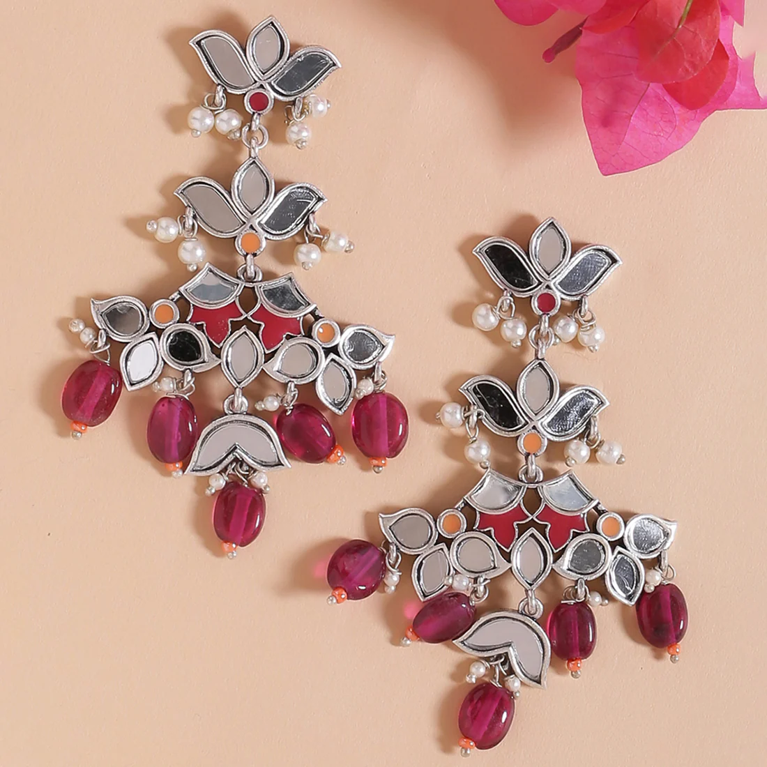 Thikri Silver Plated Floral Drop Earrings