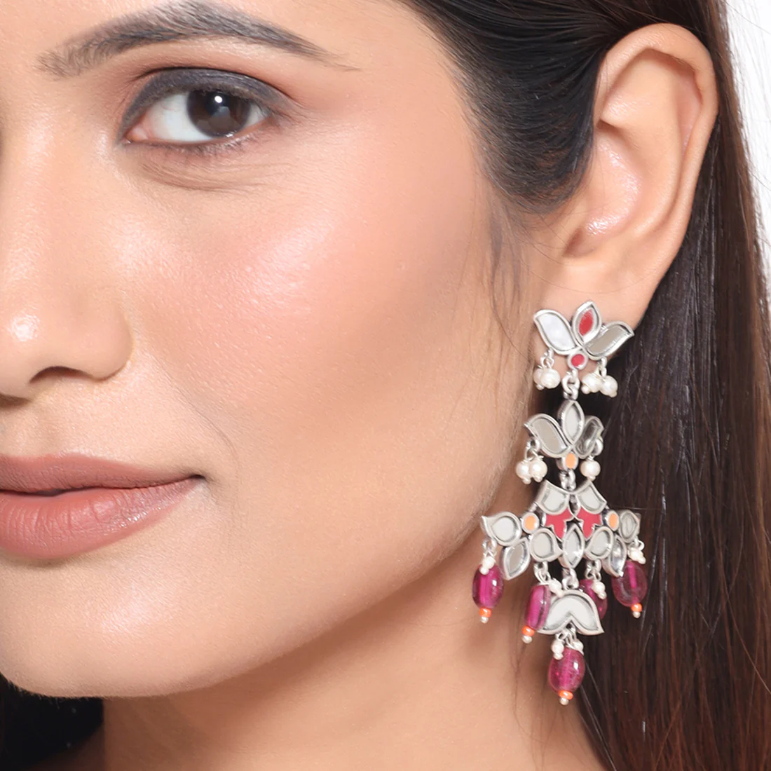 Thikri Silver Plated Floral Drop Earrings - Image 2