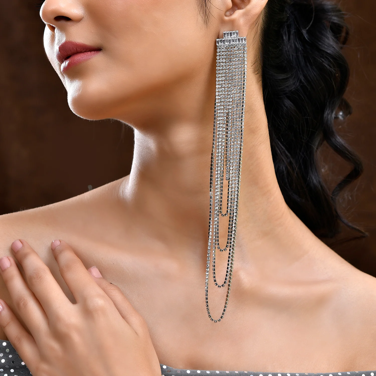 Timeless Sparkle Crystal Rain Multi-Layer Silver Rhinestone Earrings - Image 2