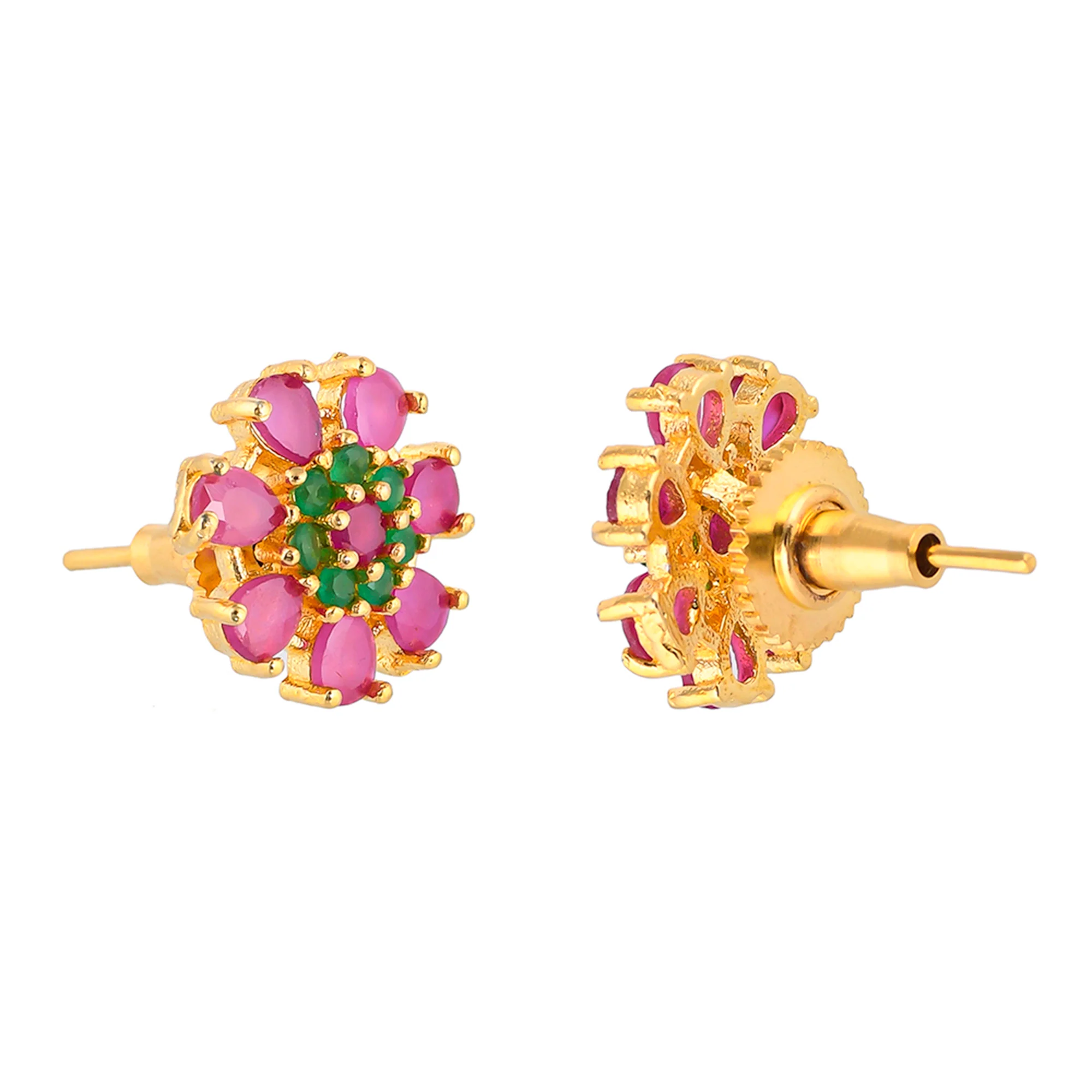 Tiny Pink and Green CZ Gems Stud Earrings - Image 5