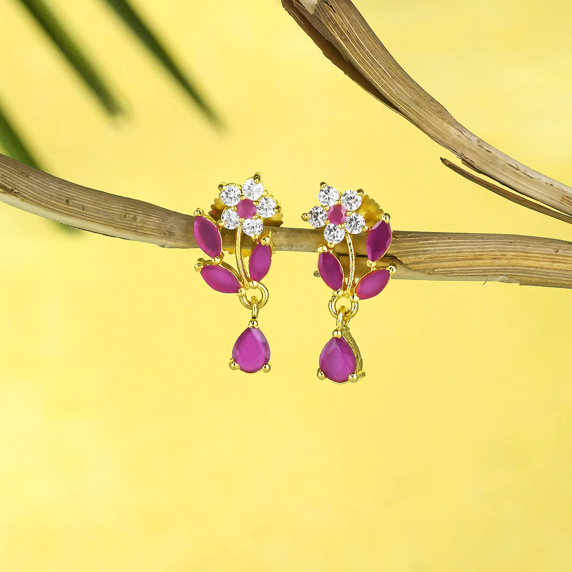 Tiny Red and White CZ Gems Floral Drop Earrings