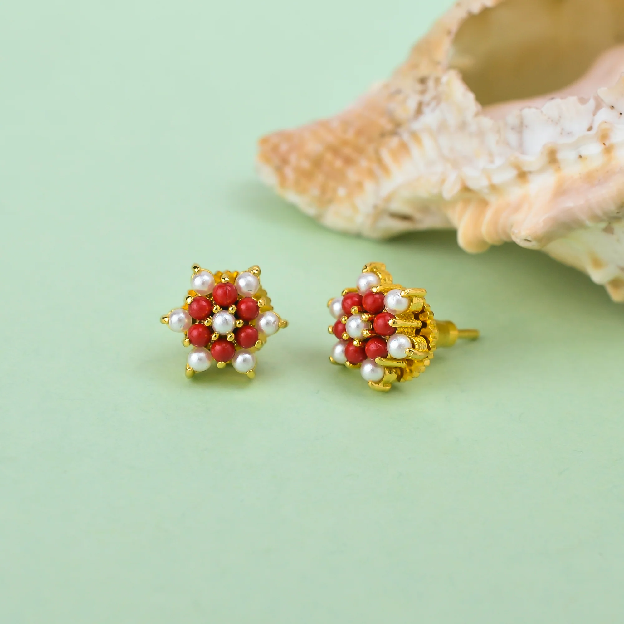 Tiny Round Cut Red CZ Gems and White Pearl Stud Earrings