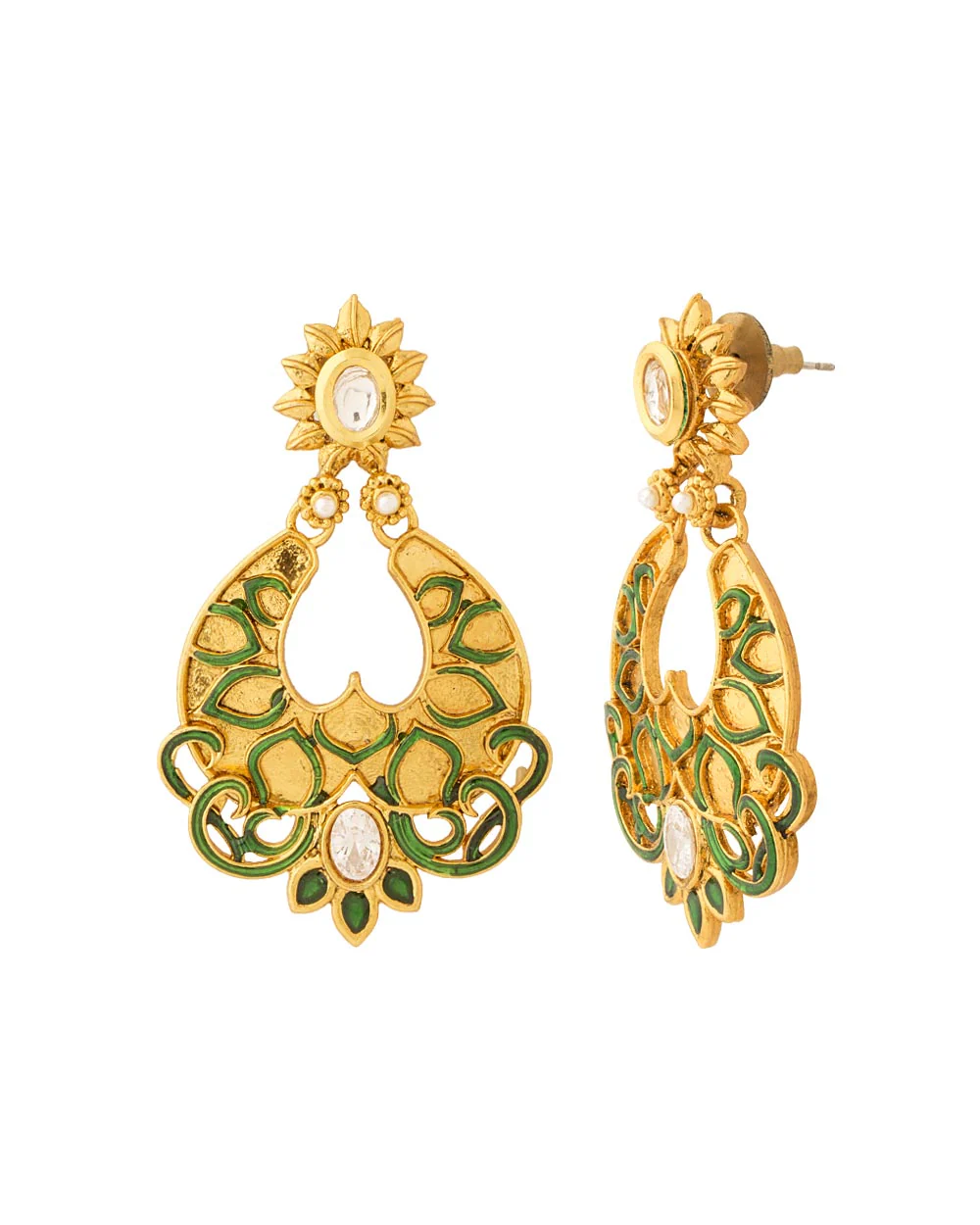Traditional Green Enamel Designer Dangler Earrings - Image 3