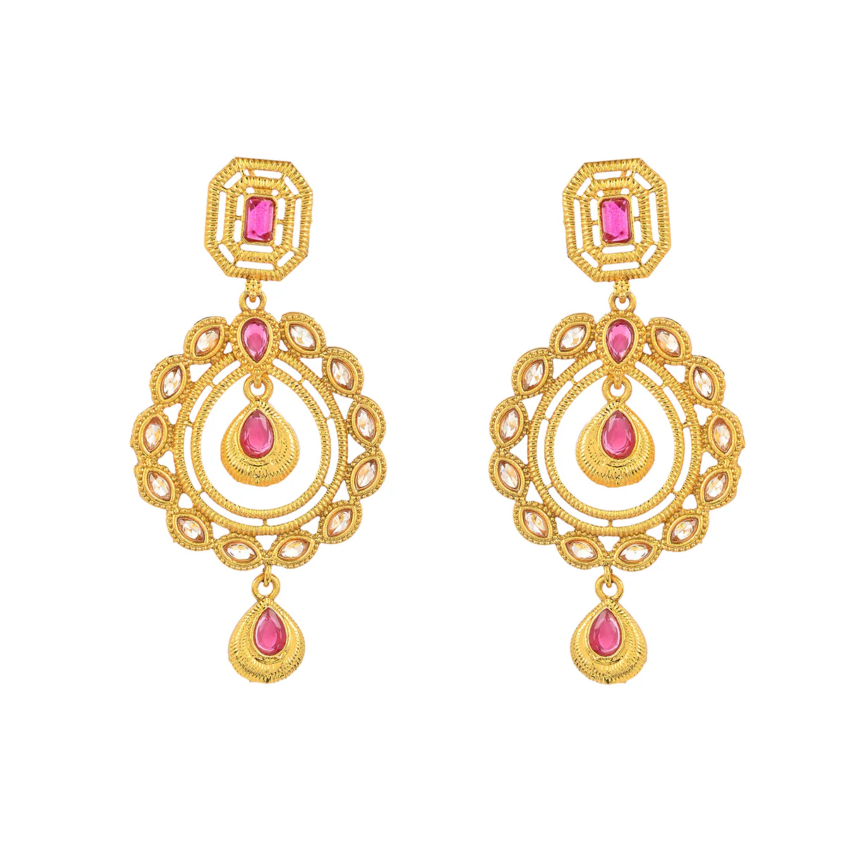 Traditional Kundan Adorned Cutwork Design Brass Gold Plated Drop Earrings - Image 2
