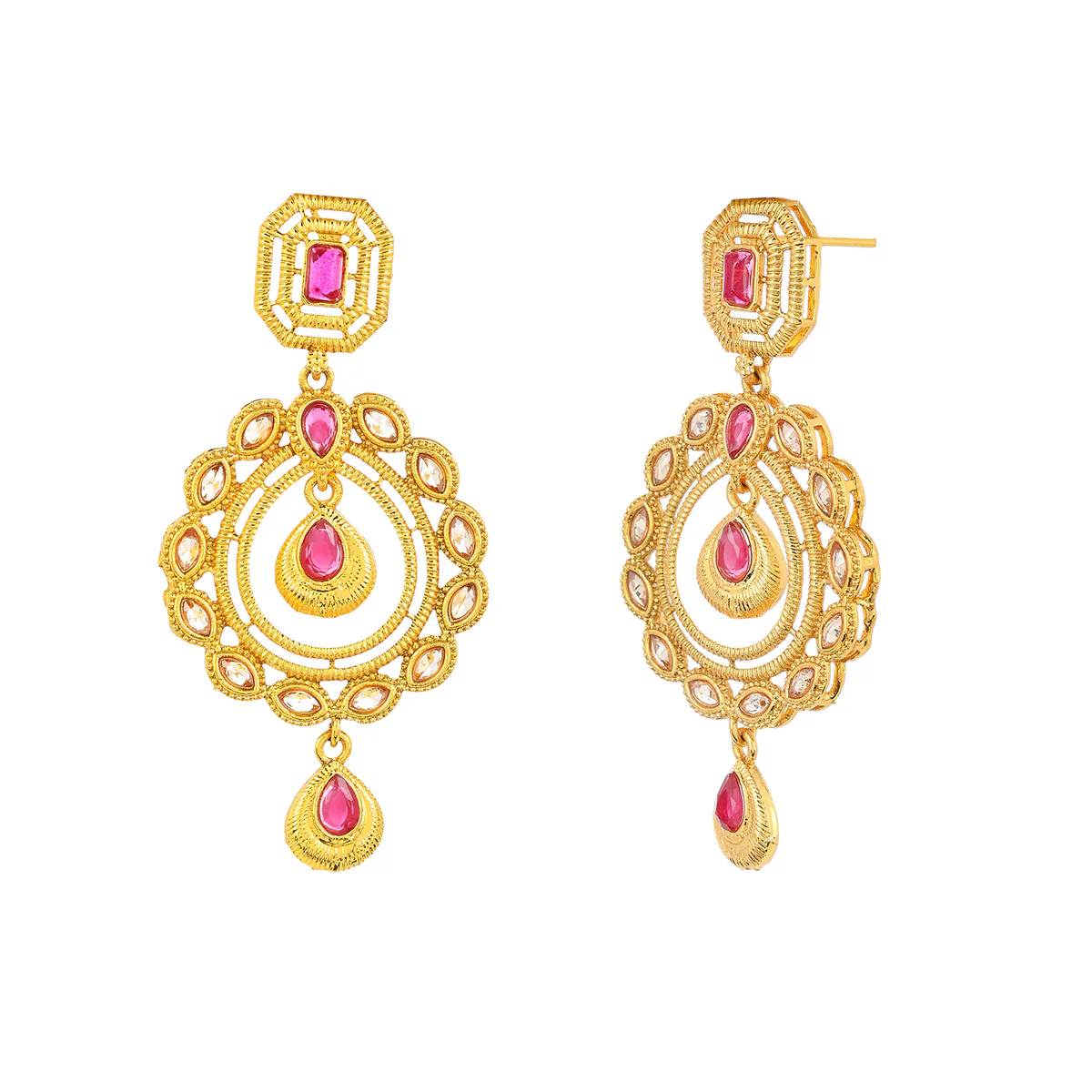Traditional Kundan Adorned Cutwork Design Brass Gold Plated Drop Earrings - Image 3