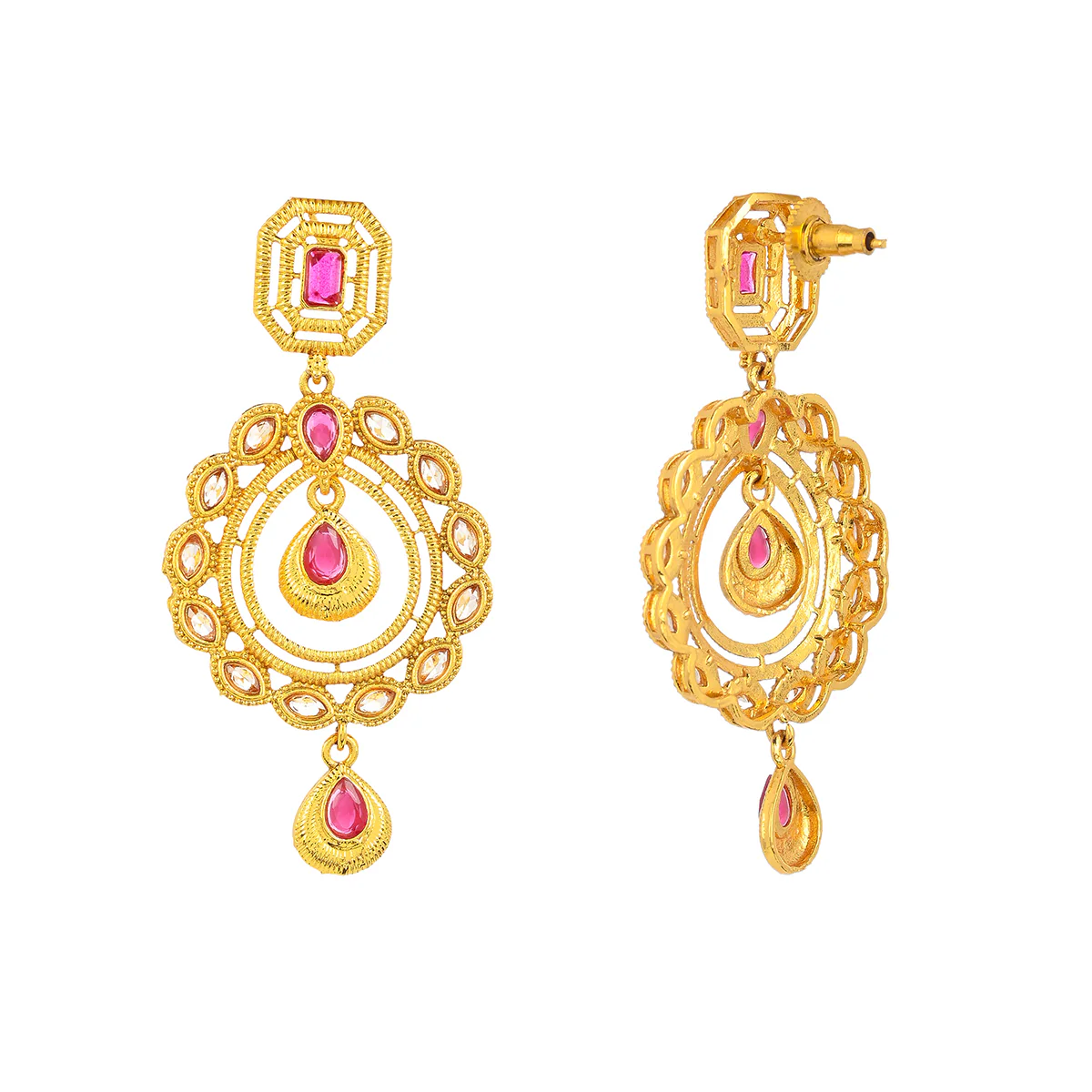 Traditional Kundan Adorned Cutwork Design Brass Gold Plated Drop Earrings - Image 4