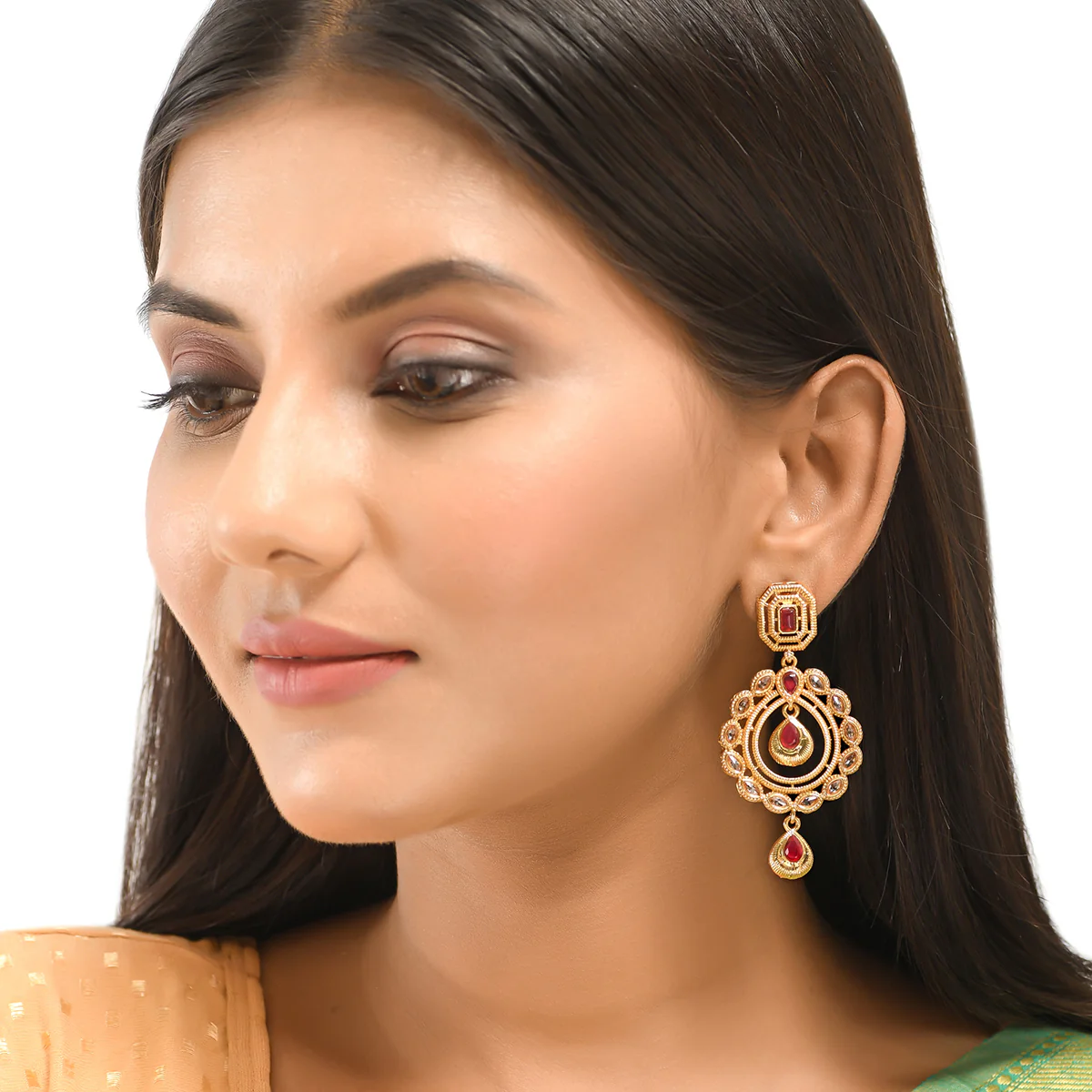 Traditional Kundan Adorned Cutwork Design Brass Gold Plated Drop Earrings - Image 5
