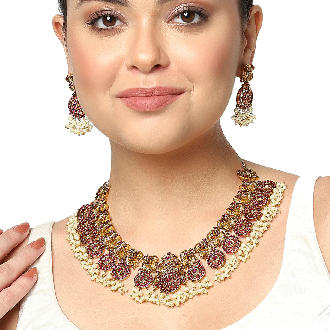 Traditional Peacock Motifs Faux Pearls and Zircons Gold Plated Brass Jewellery Set - Image 2