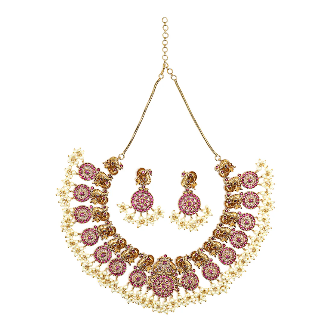 Traditional Peacock Motifs Faux Pearls and Zircons Gold Plated Brass Jewellery Set - Image 3
