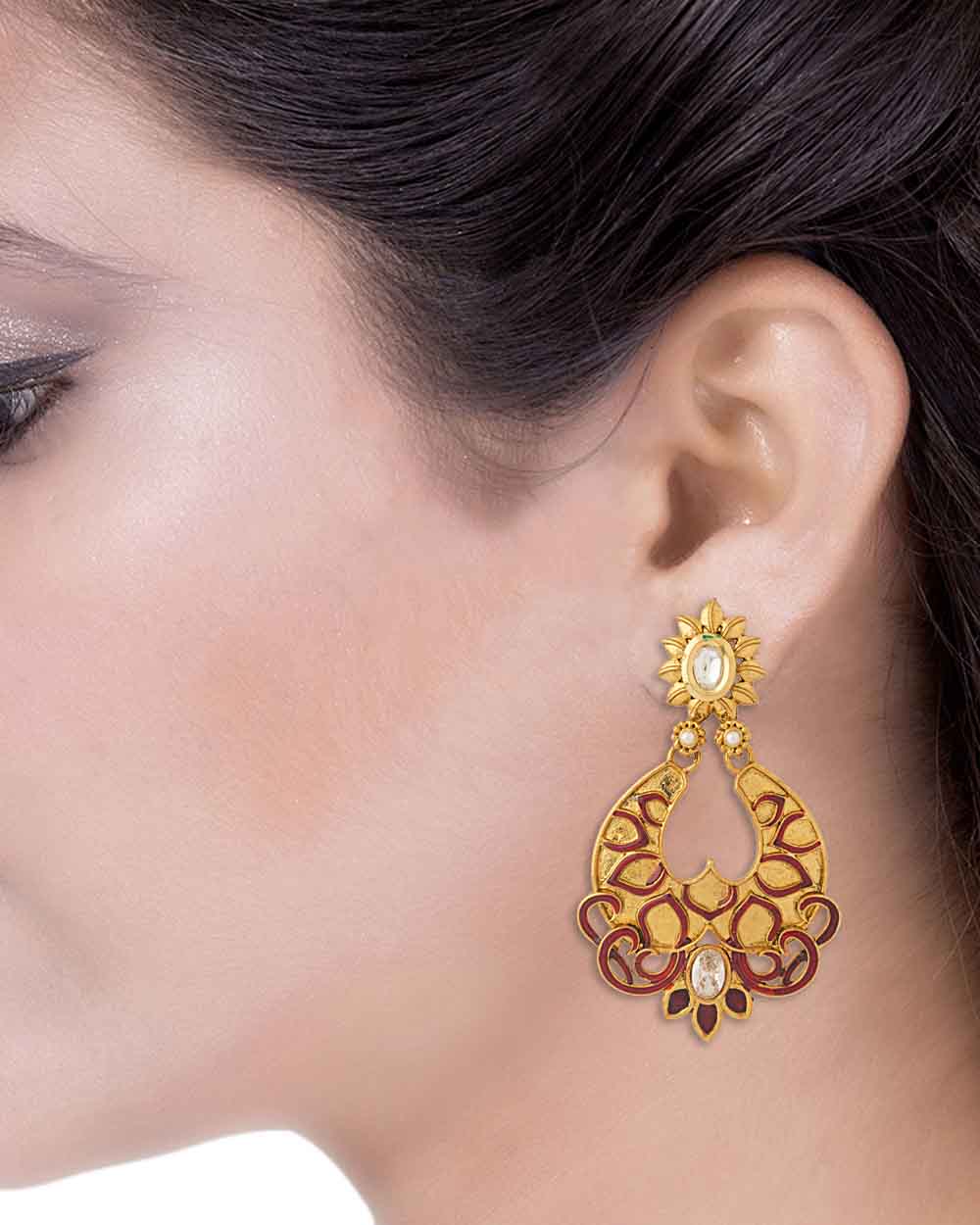 Traditional Red Enamel Designer Dangler Earrings - Image 4
