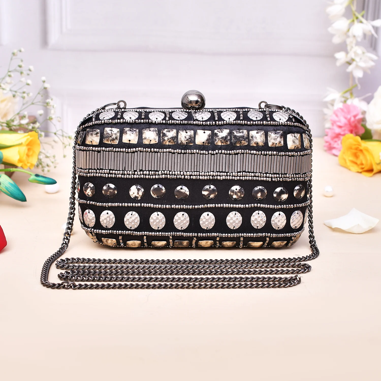 Trendy Bags Beaded and Studded Clutch