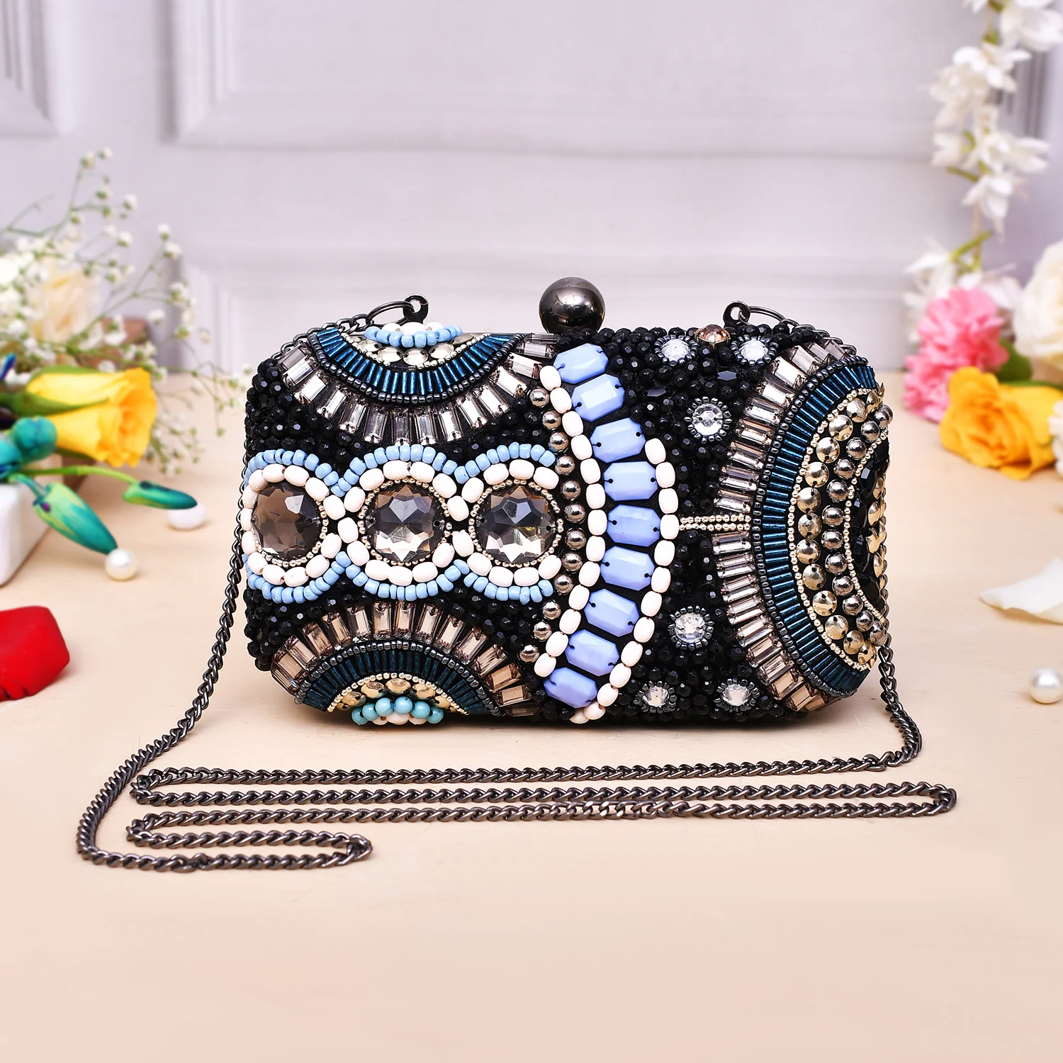 Trendy Bags Black Coloured Stones Clutch