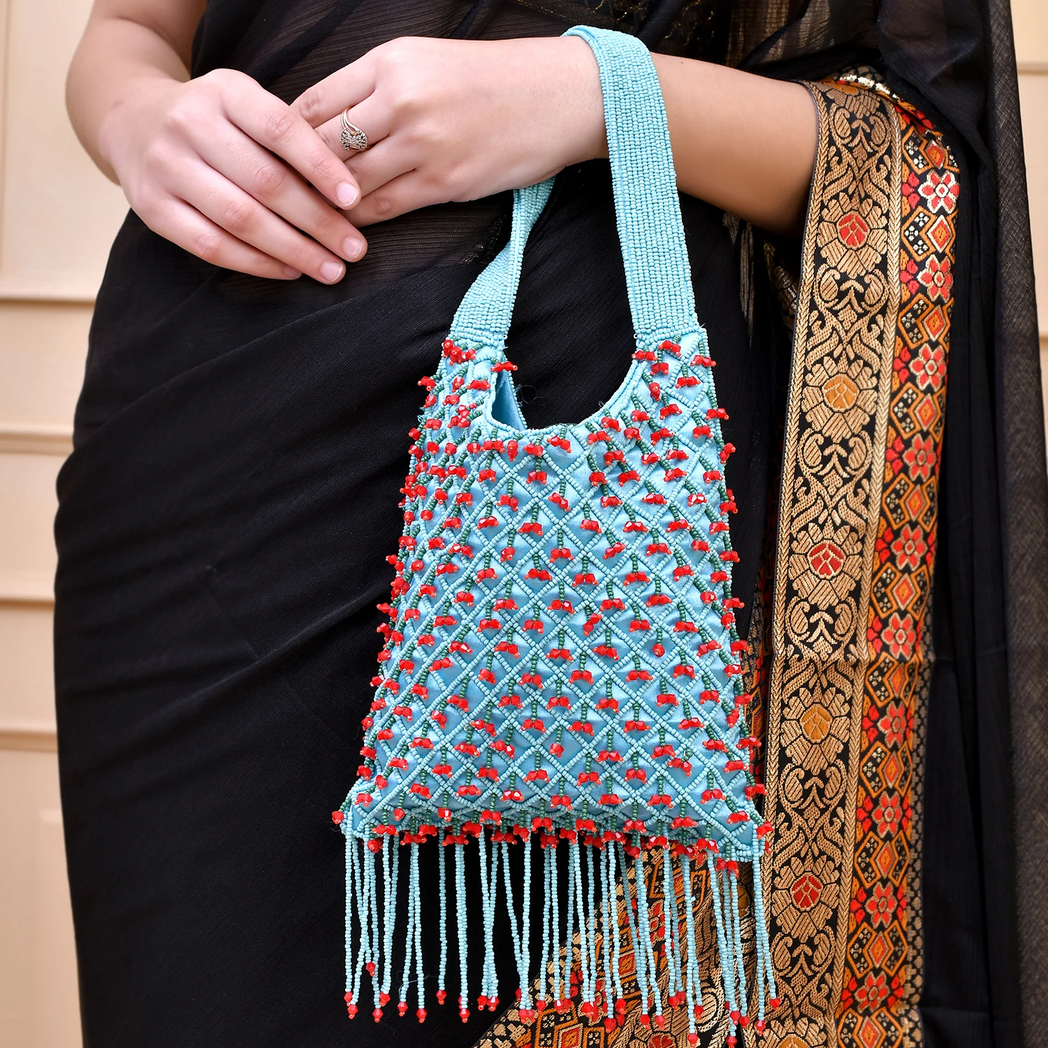 Trendy Bags Blue Beaded Potli - Image 3