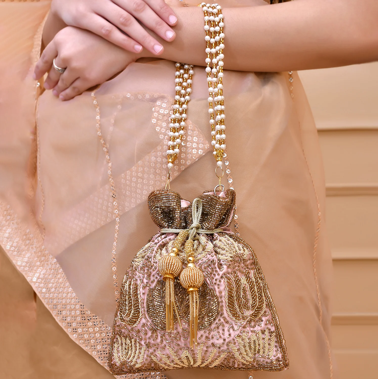Trendy Bags Golden Beads Embellished Potli - Image 3