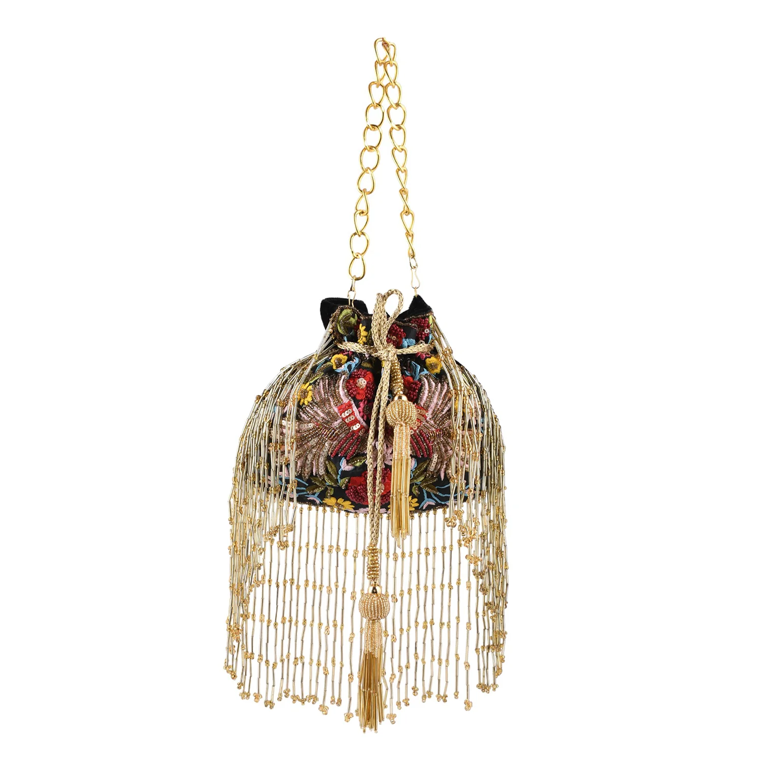 Trendy Bags Multicolored Sequins Embellished Tasseled Black Potli - Image 4