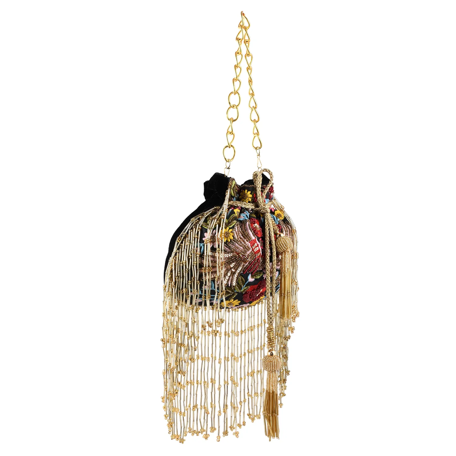 Trendy Bags Multicolored Sequins Embellished Tasseled Black Potli - Image 5
