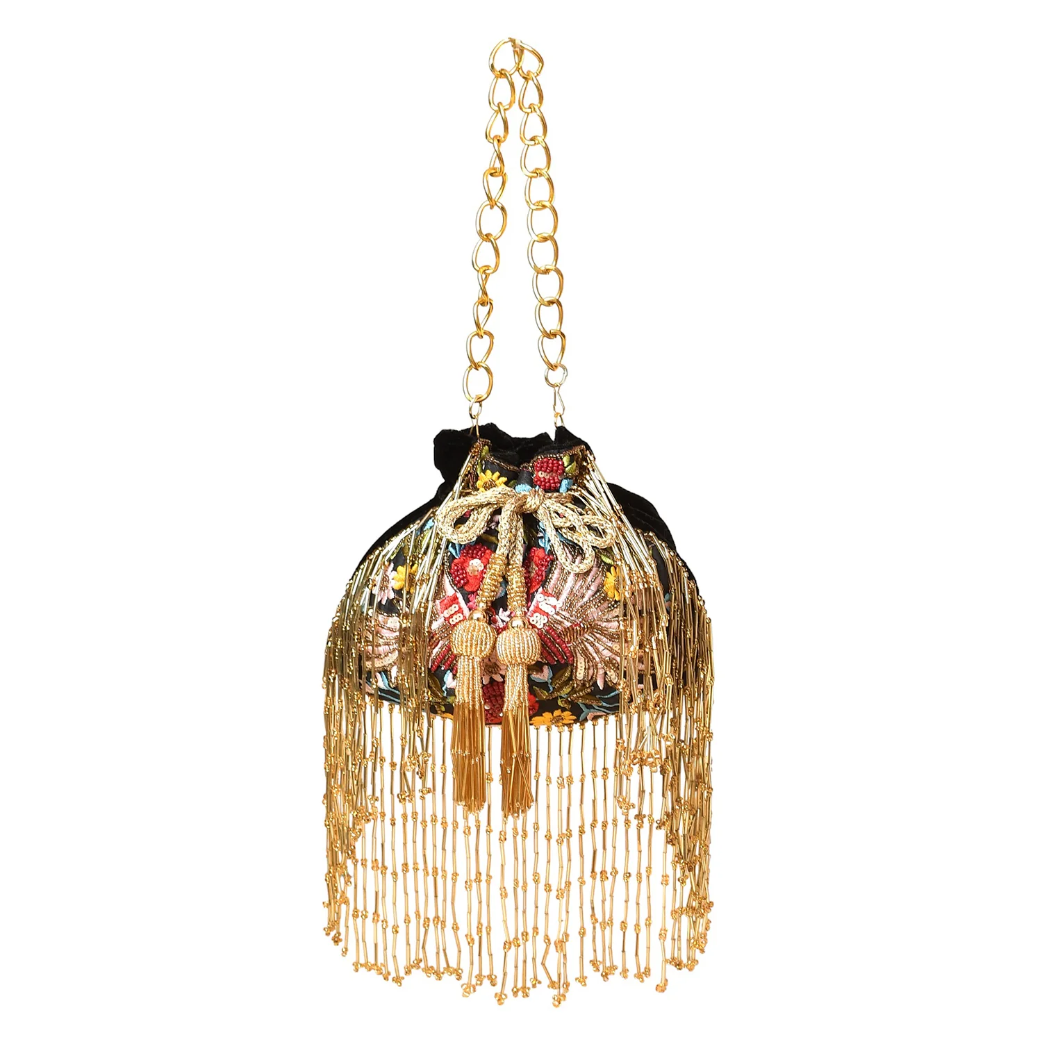 Trendy Bags Multicolored Sequins Embellished Tasseled Black Potli - Image 8