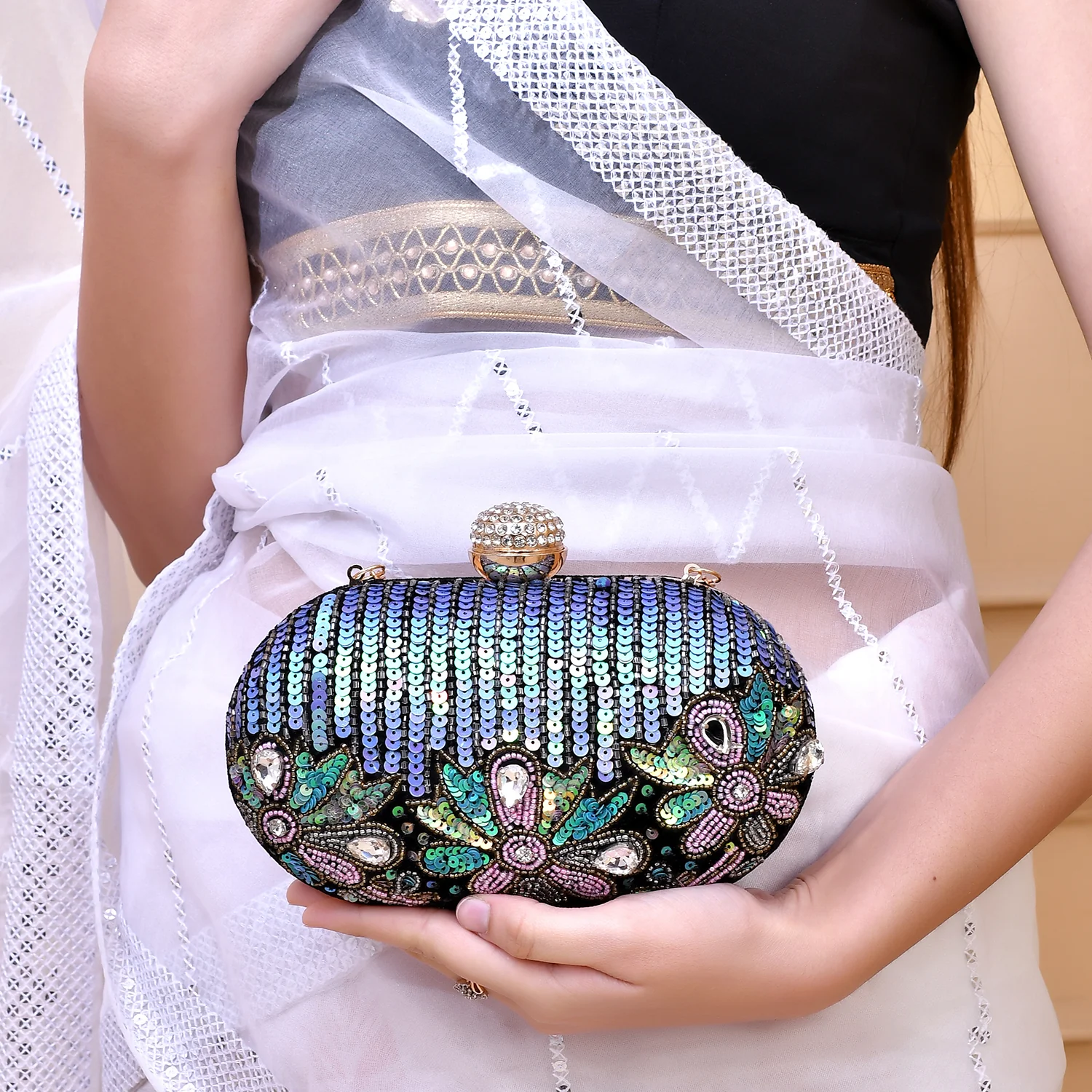 Trendy Bags Multicolored Stones Embellished Black Clutch - Image 3