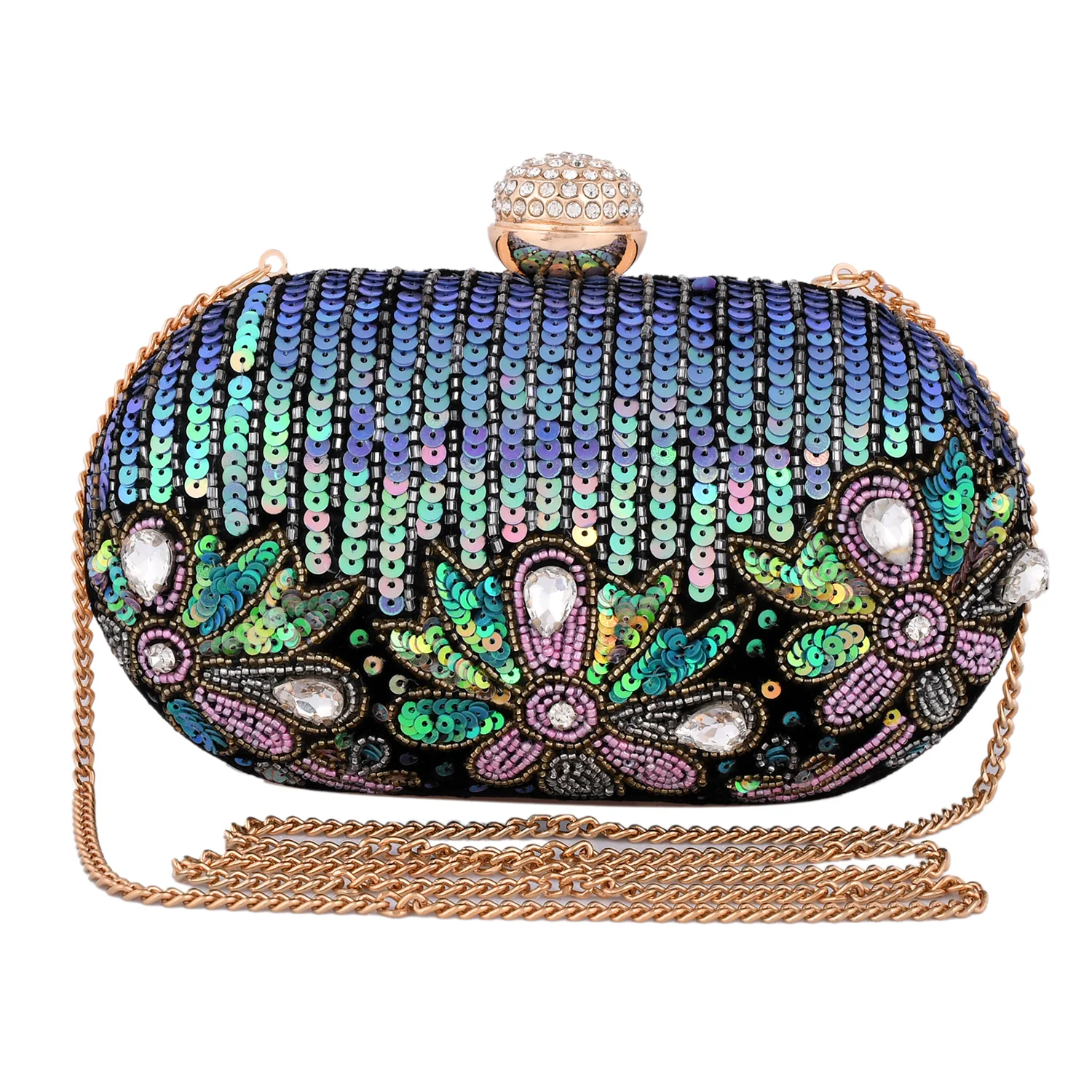 Trendy Bags Multicolored Stones Embellished Black Clutch - Image 4
