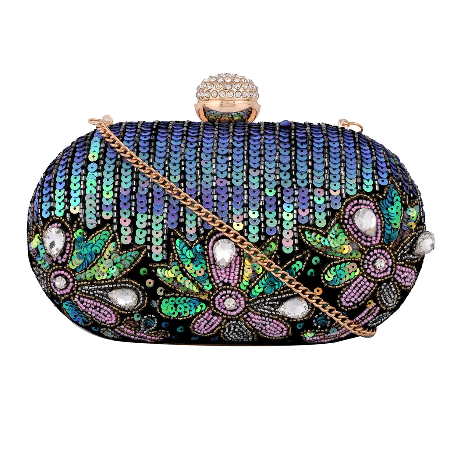 Trendy Bags Multicolored Stones Embellished Black Clutch - Image 5