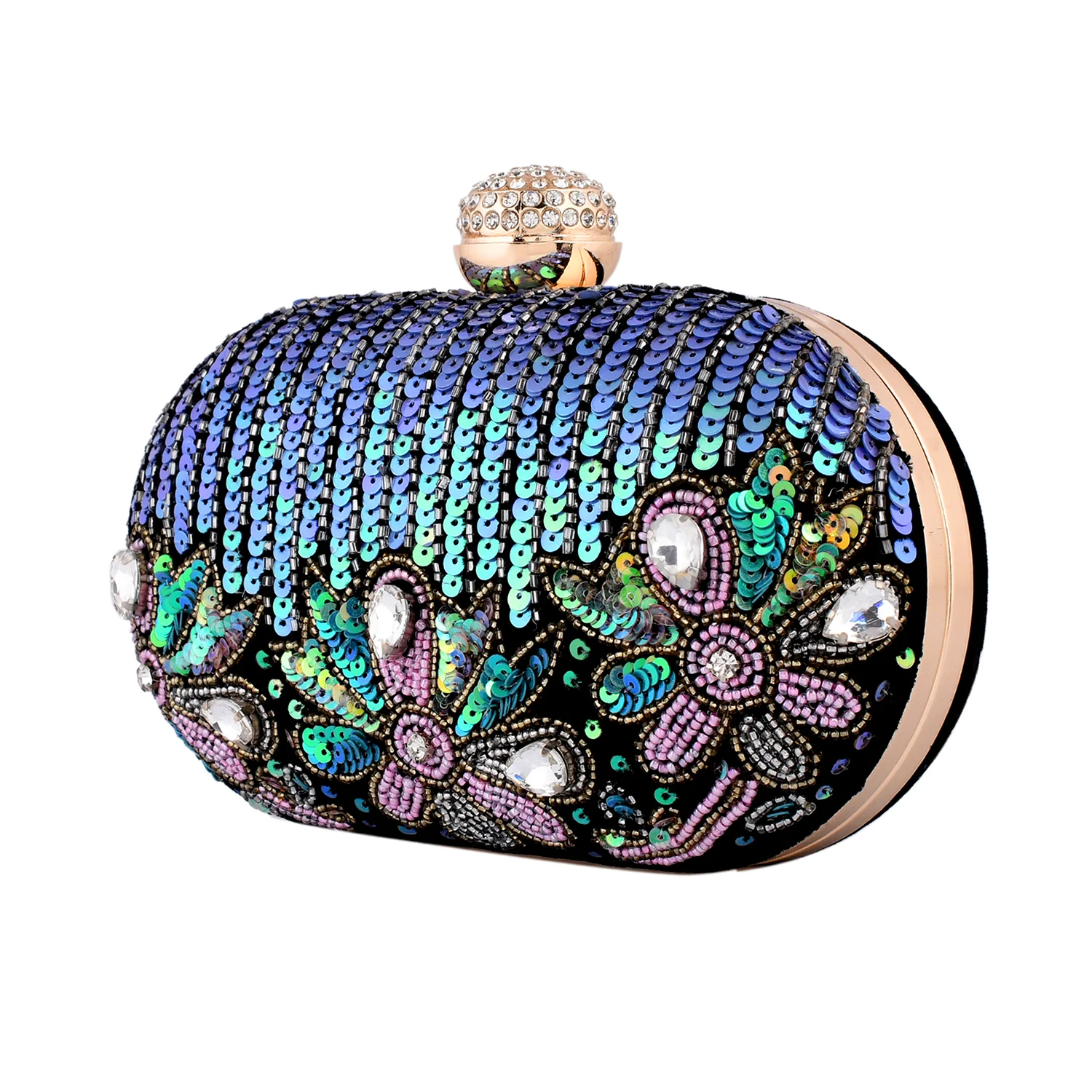 Trendy Bags Multicolored Stones Embellished Black Clutch - Image 7