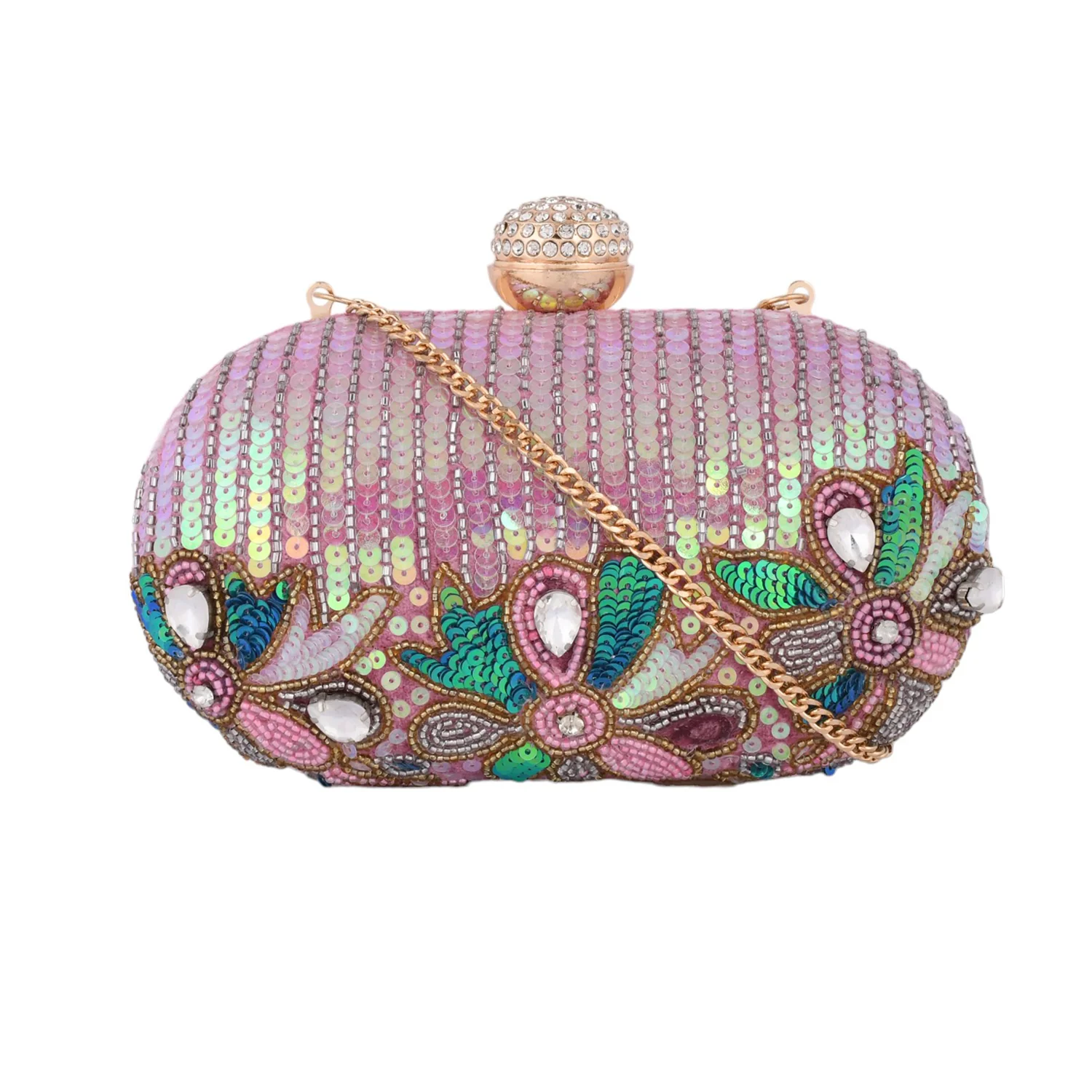 Trendy Bags Multicolored Stones Embellished Pink Clutch - Image 5