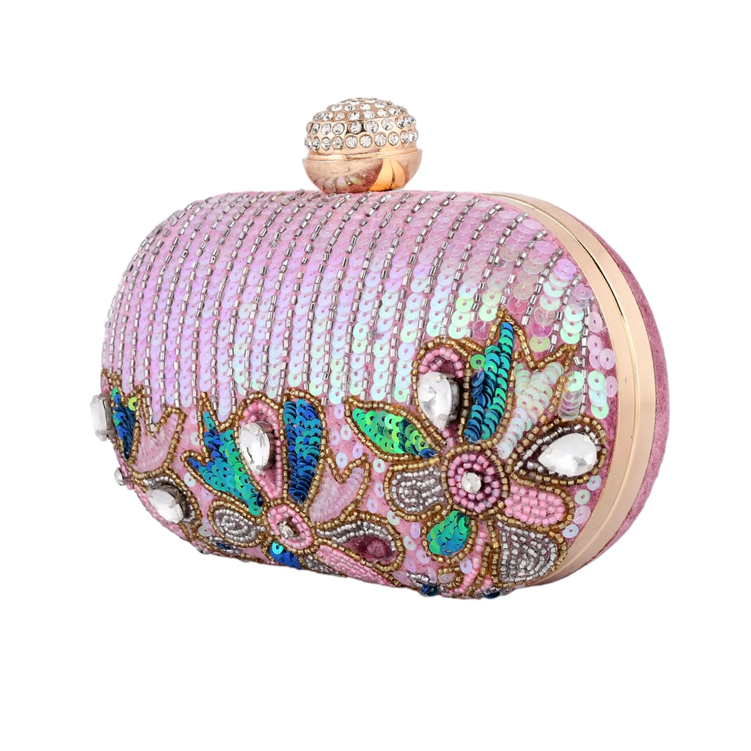 Trendy Bags Multicolored Stones Embellished Pink Clutch - Image 6