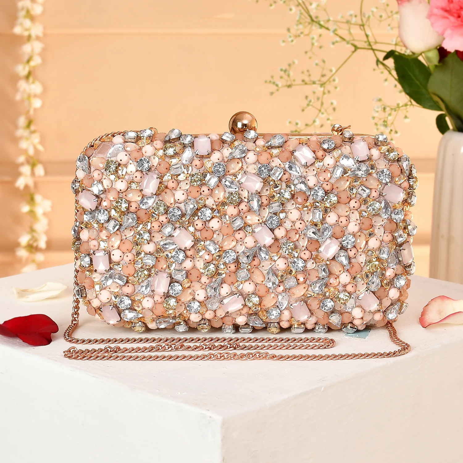 Trendy Bags Peach Coloured Stones Clutch