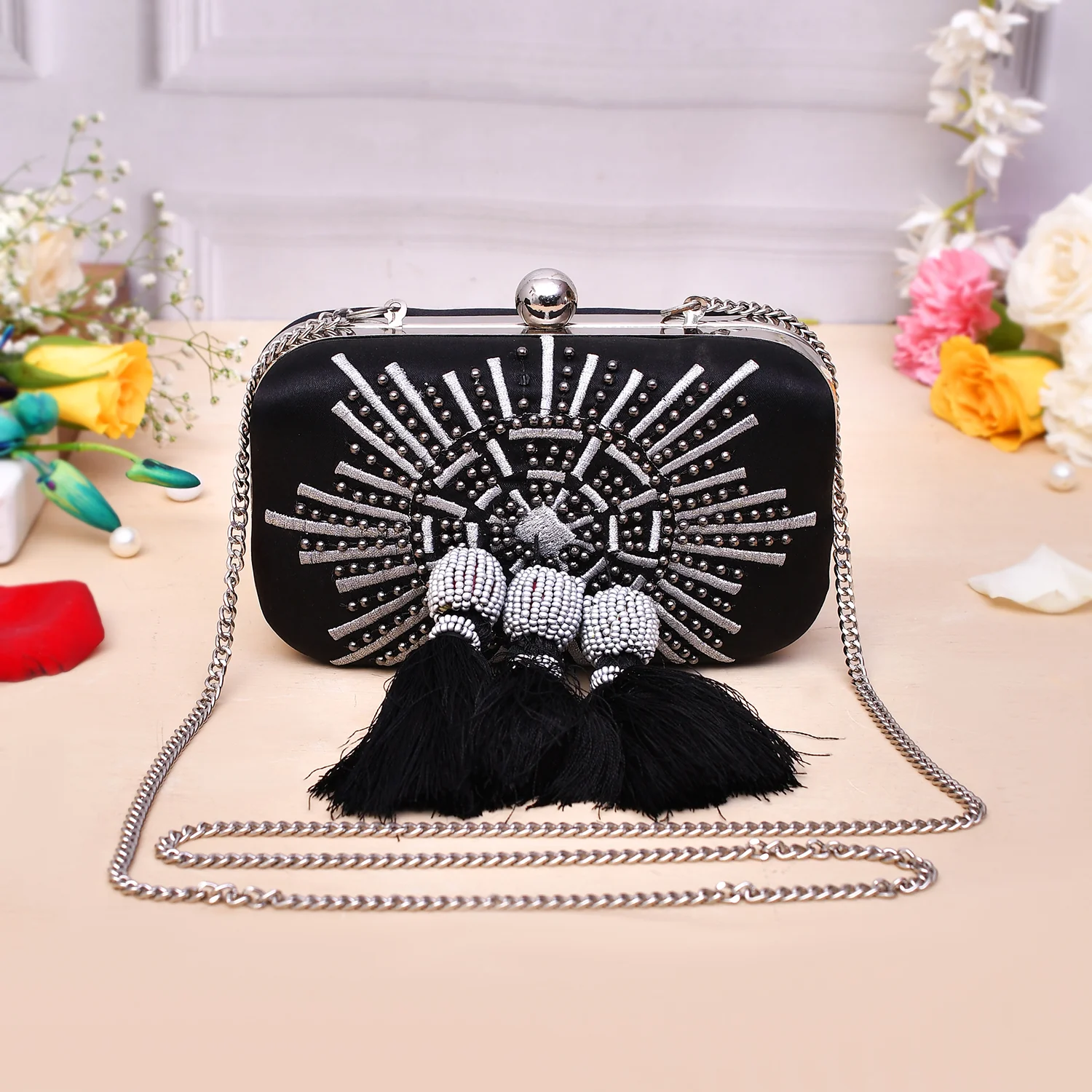 Trendy Bags Studded Tassels Clutch
