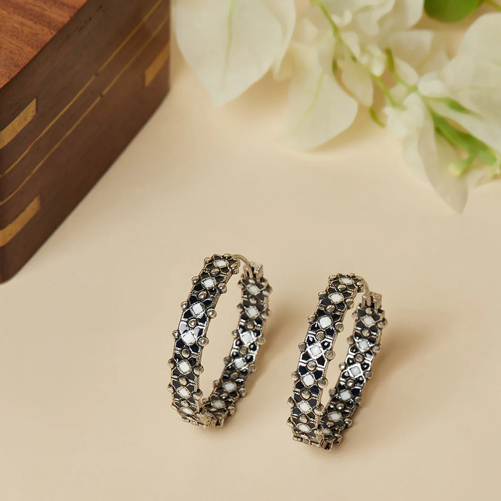 Trendy Hoops Brass silver plated Black earrings.