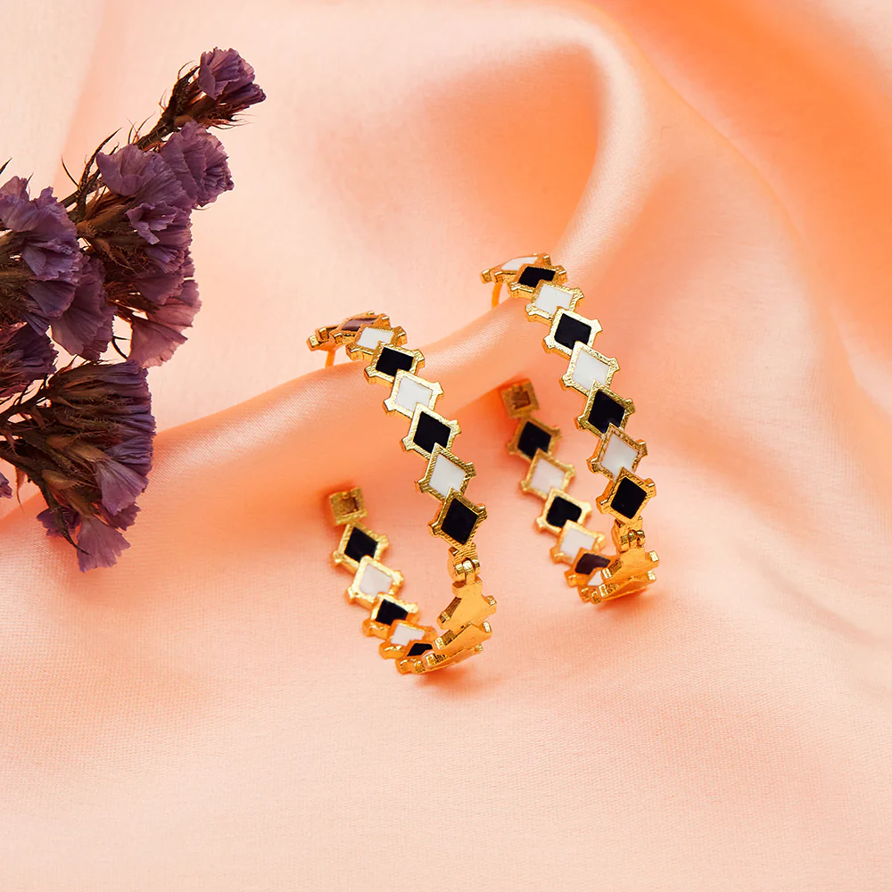 Trendy Hoops Gold Plated Green and White Stoned Earrings