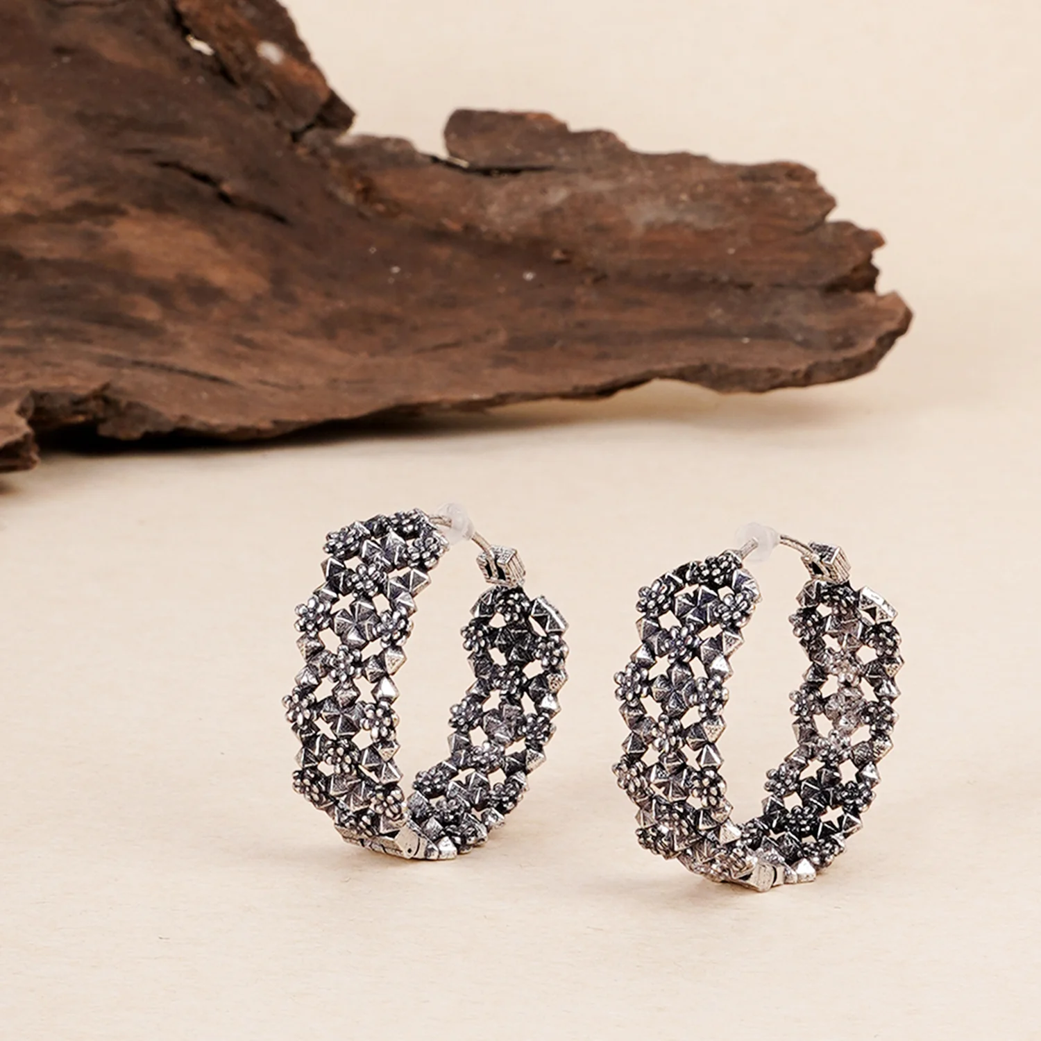 Trendy Hoops Silver-Plated Earrings with Intricate Design