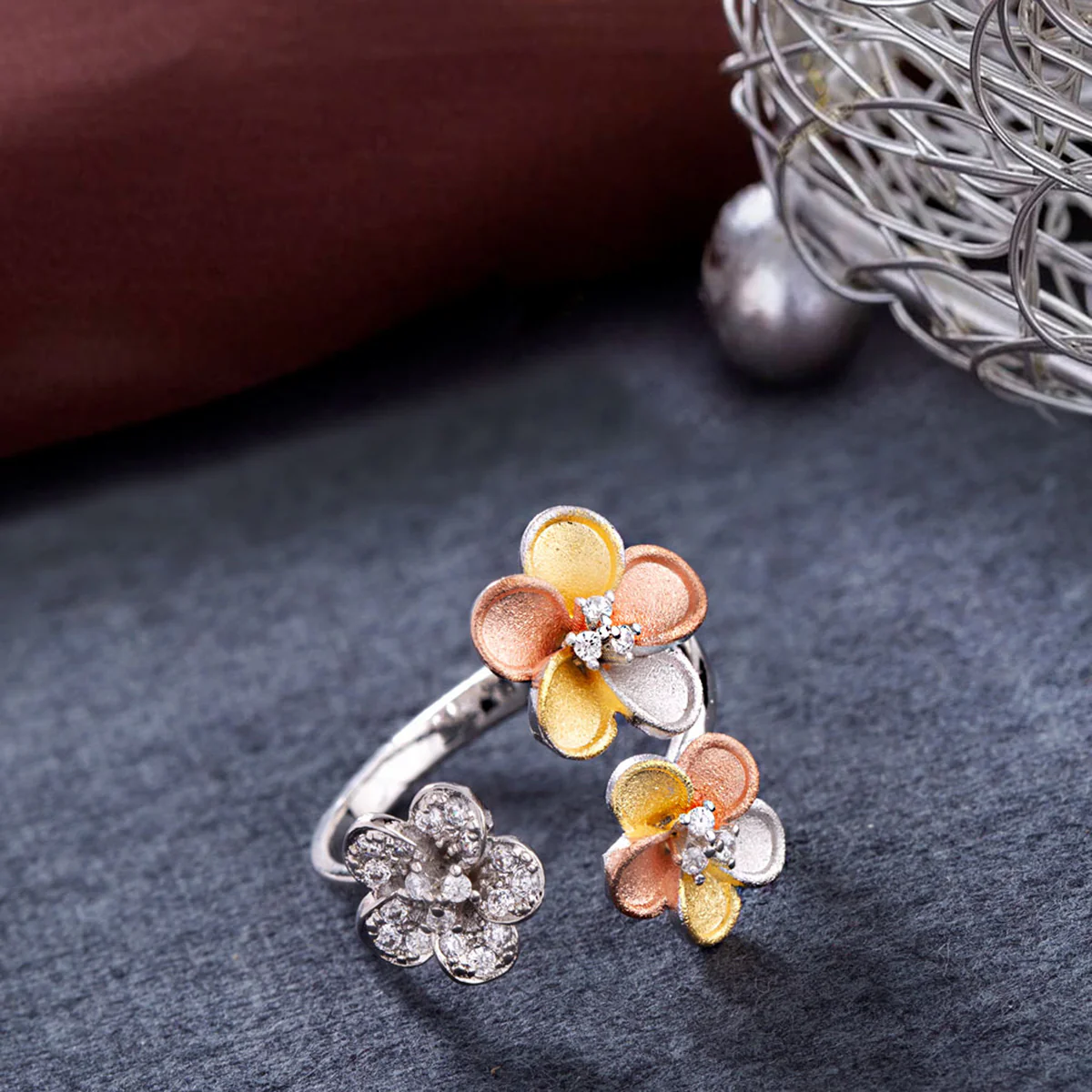 Troika Floral Motifs Open Ring