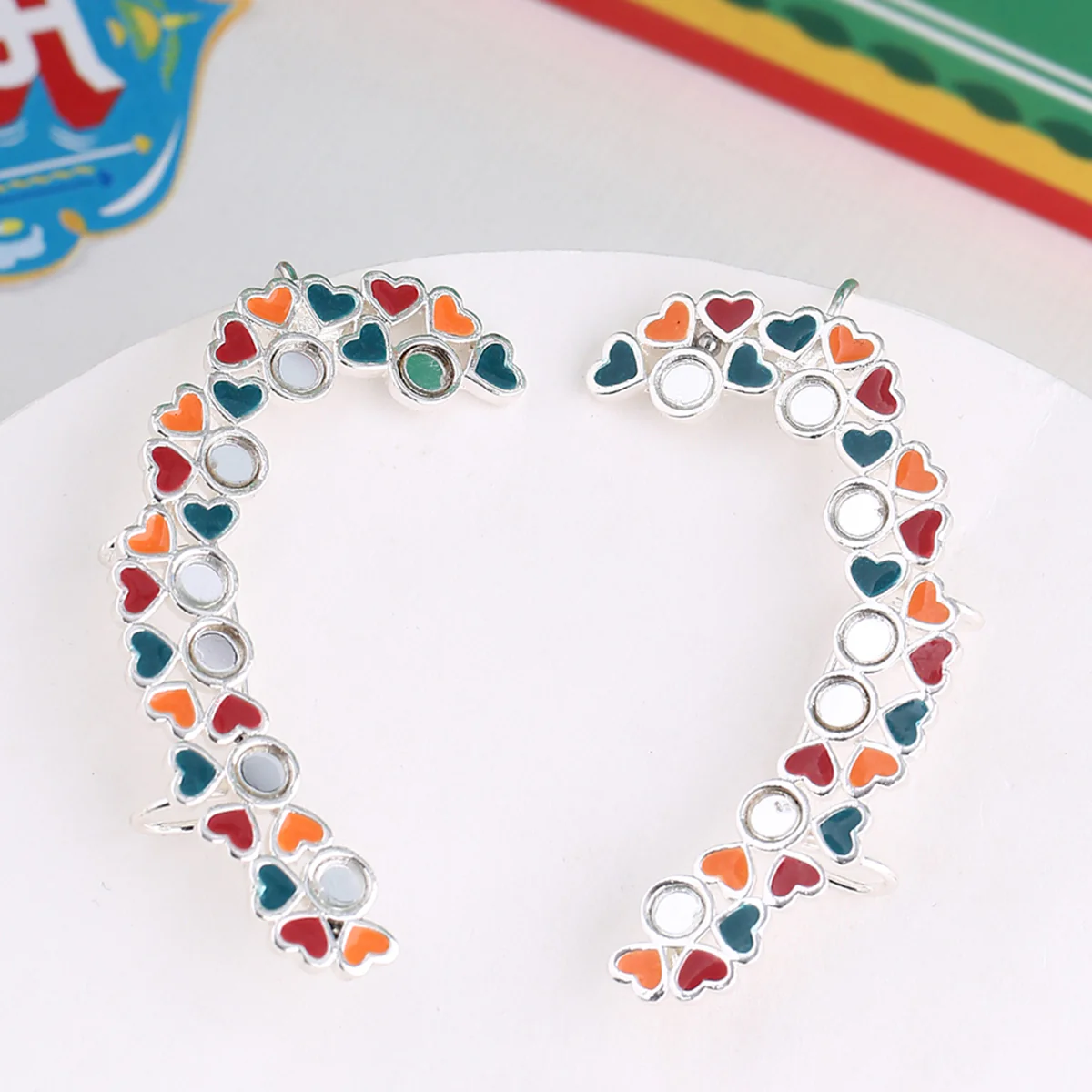 Truck Art Colourful Enamel an Mirror Work Cuff Earrings