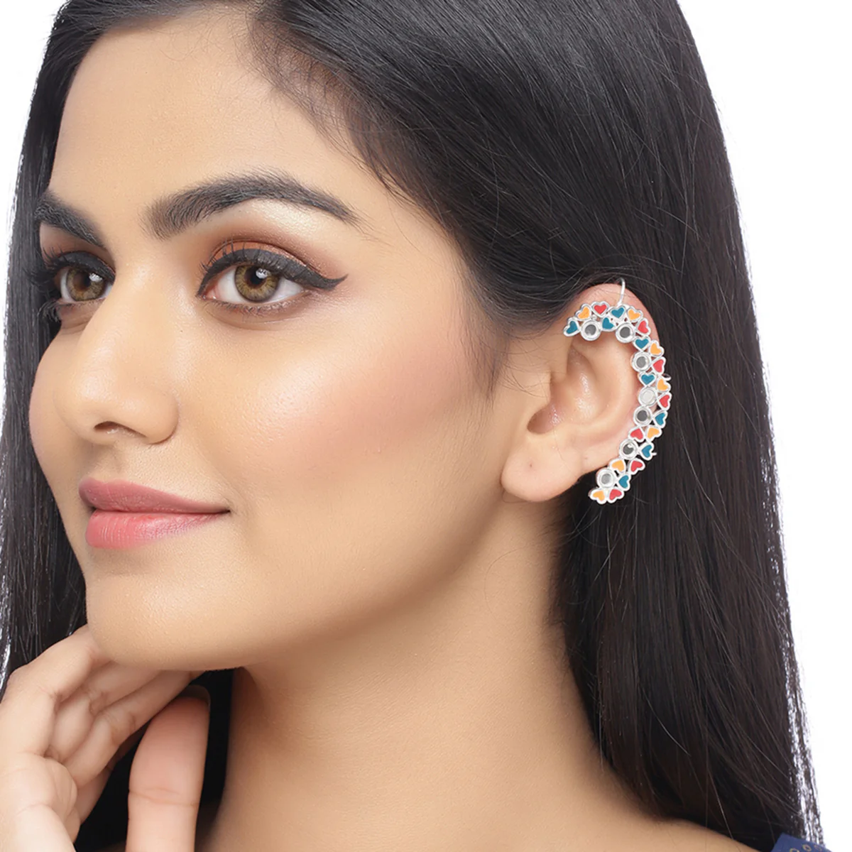 Truck Art Colourful Enamel an Mirror Work Cuff Earrings - Image 2