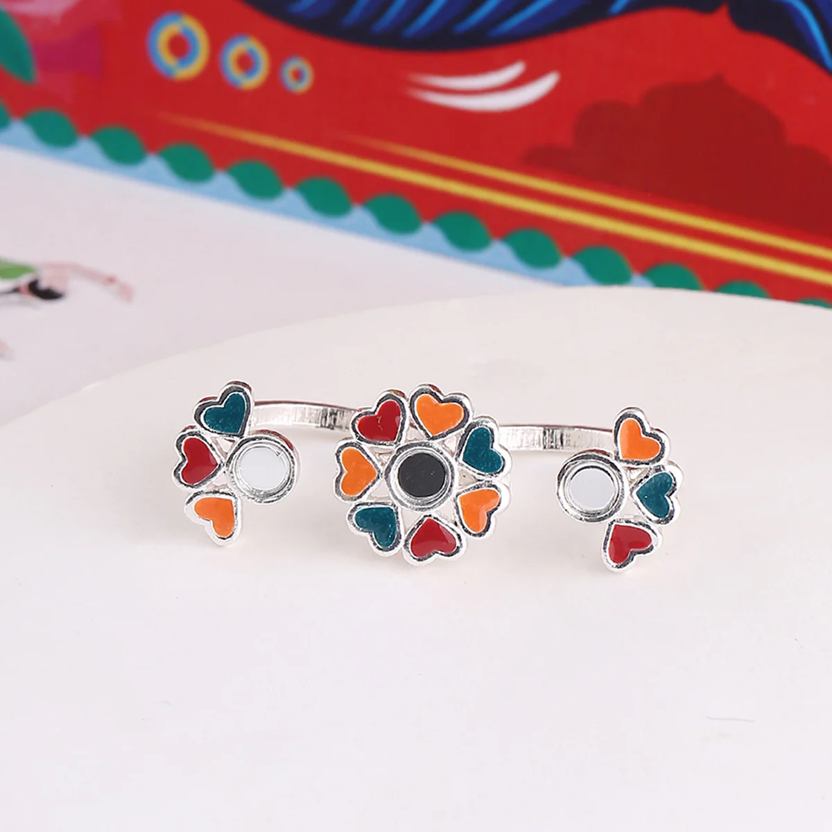 Truck Art Floral Motifs Dual-Finger Ring