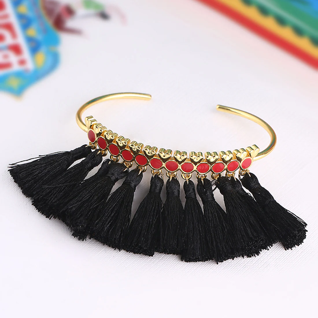 Truck Art Tiny Hearts and Black Tassels Cuff Bracelet