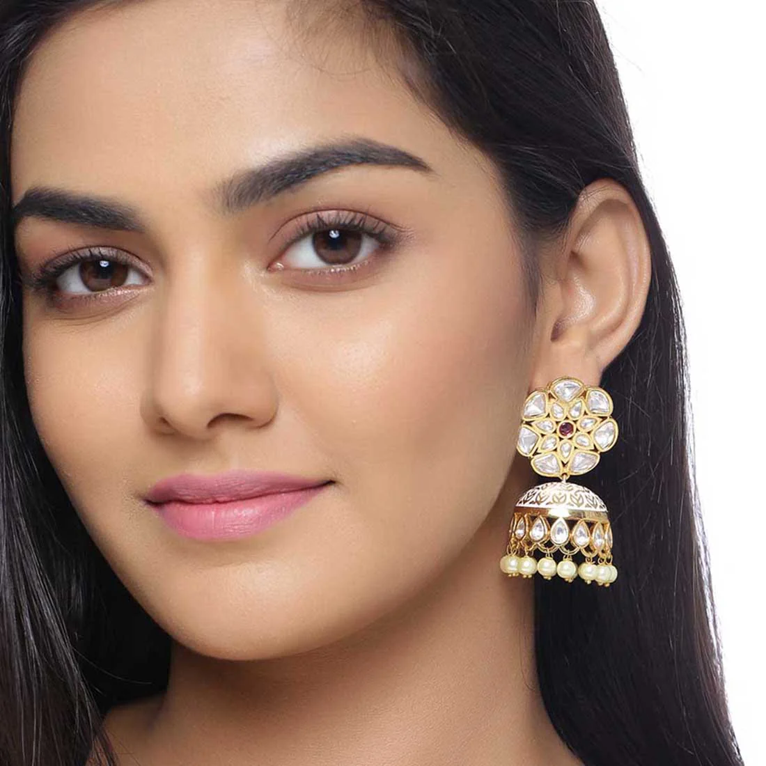Udaipur Floral Kundan Gems Jhumka Earrings - Image 2