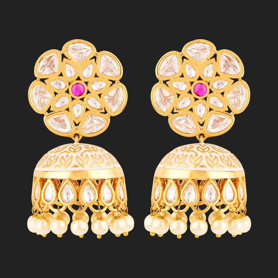 Udaipur Floral Kundan Gems Jhumka Earrings - Image 3