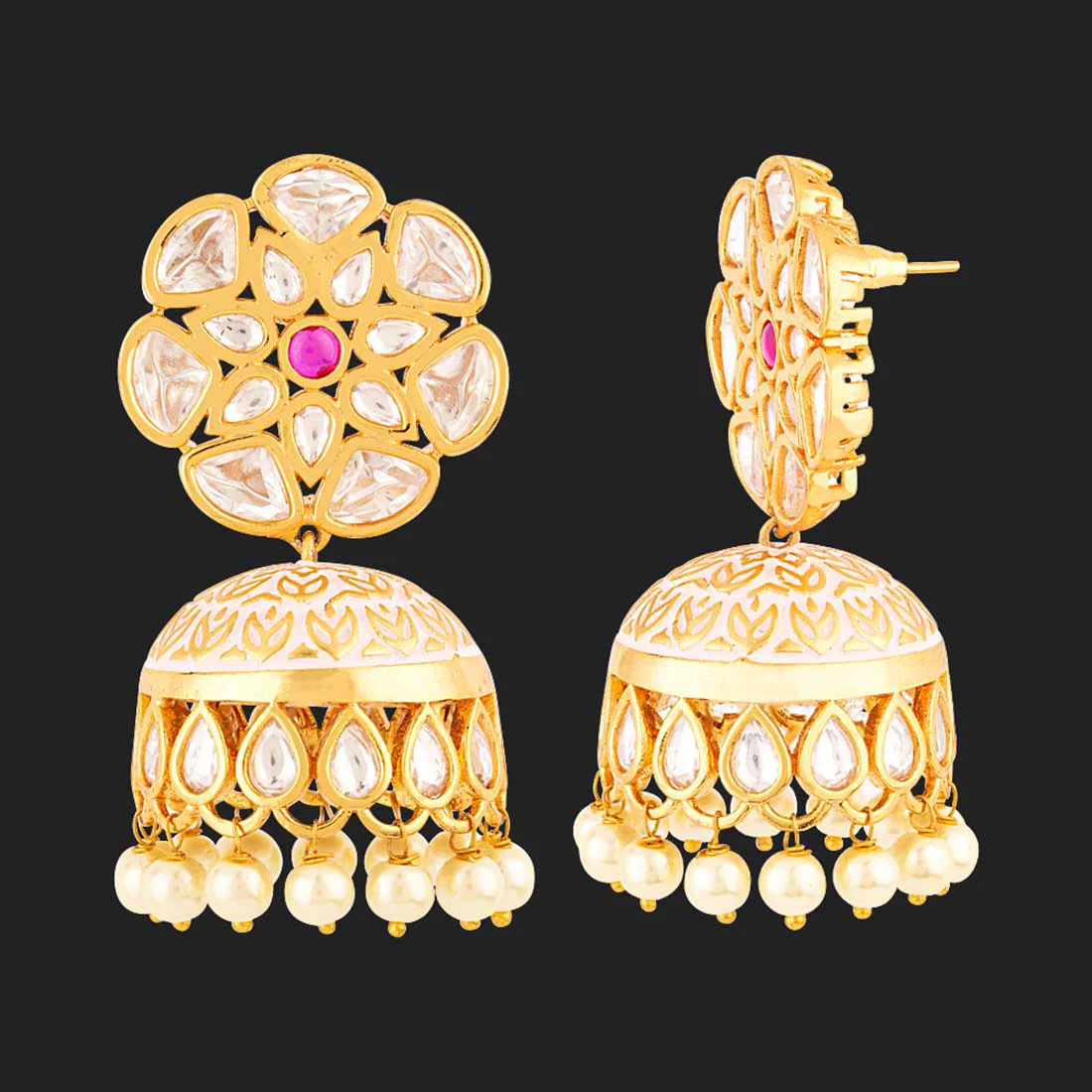 Udaipur Floral Kundan Gems Jhumka Earrings - Image 4