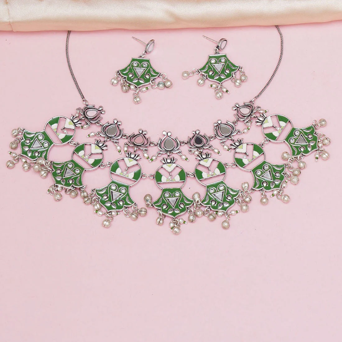 Festive Hues Unique Green Lotus Motif Choker Necklace Set