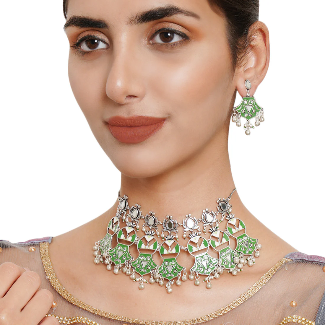 Festive Hues Unique Green Lotus Motif Choker Necklace Set - Image 2