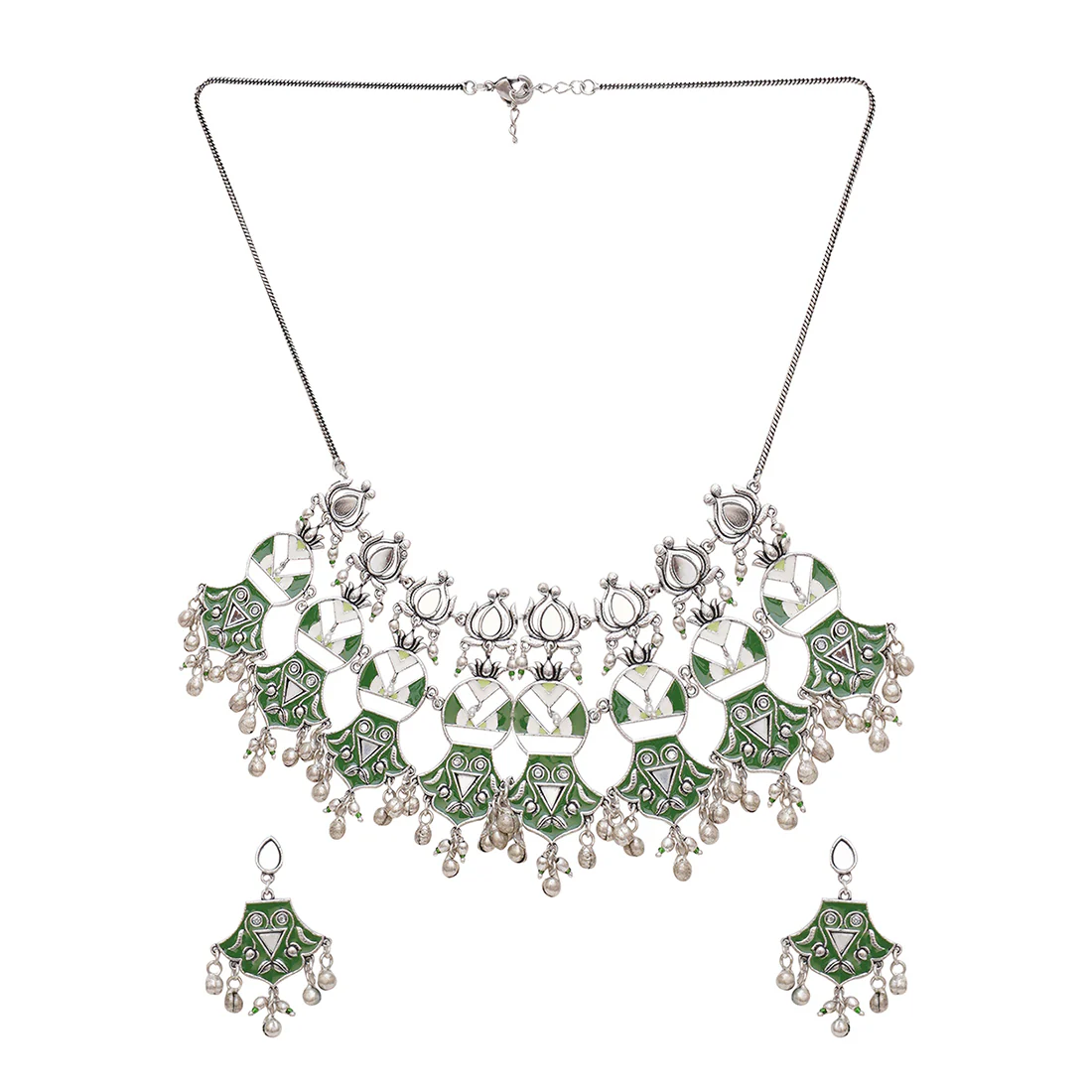 Festive Hues Unique Green Lotus Motif Choker Necklace Set - Image 3