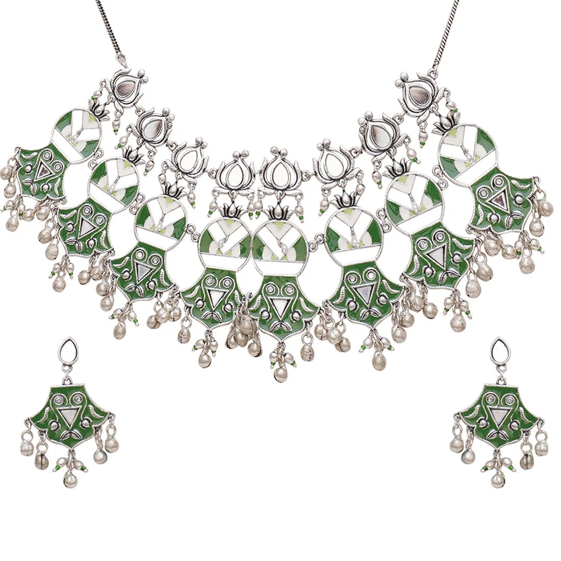 Festive Hues Unique Green Lotus Motif Choker Necklace Set - Image 4