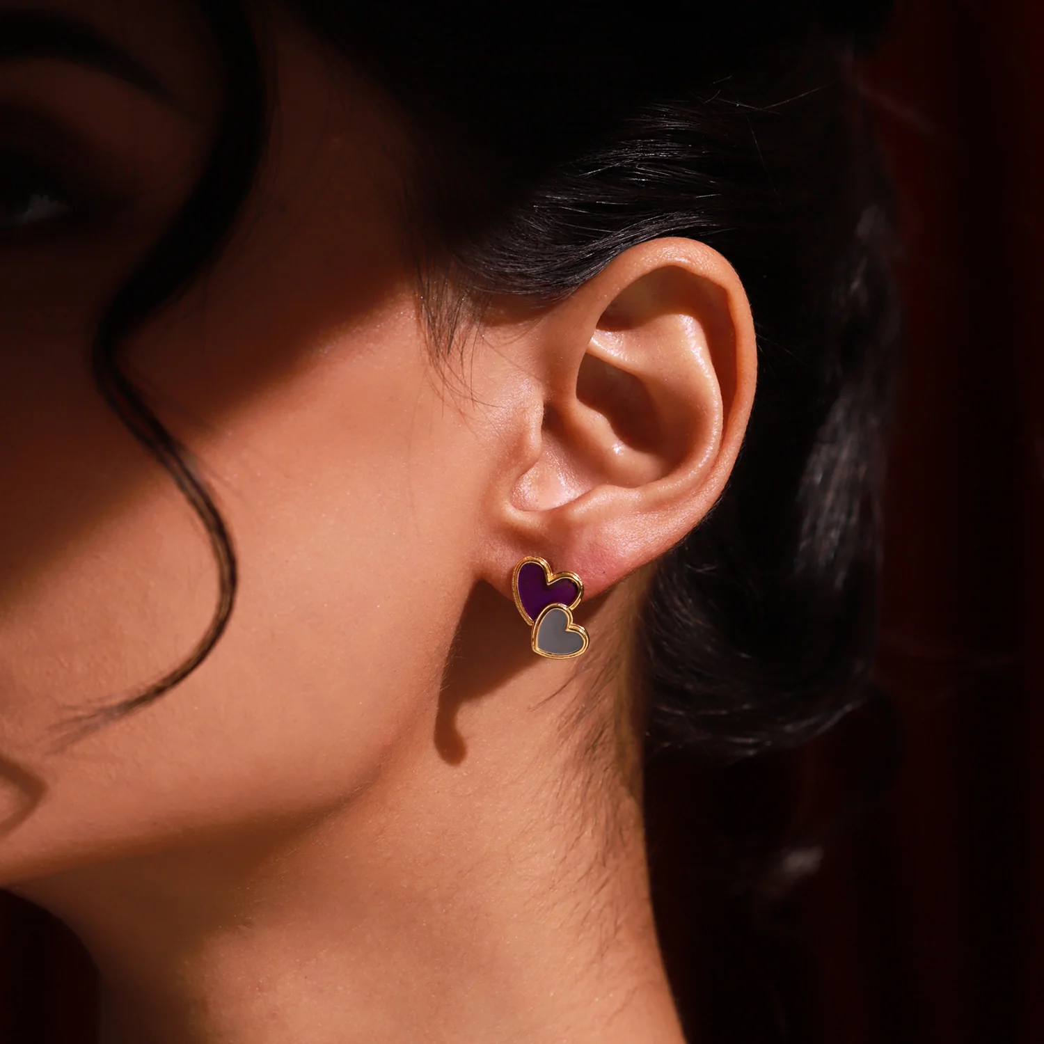 Valentine's Day Dual Heart Harmony Enamel Sterling Silver Stud Earrings - Image 2