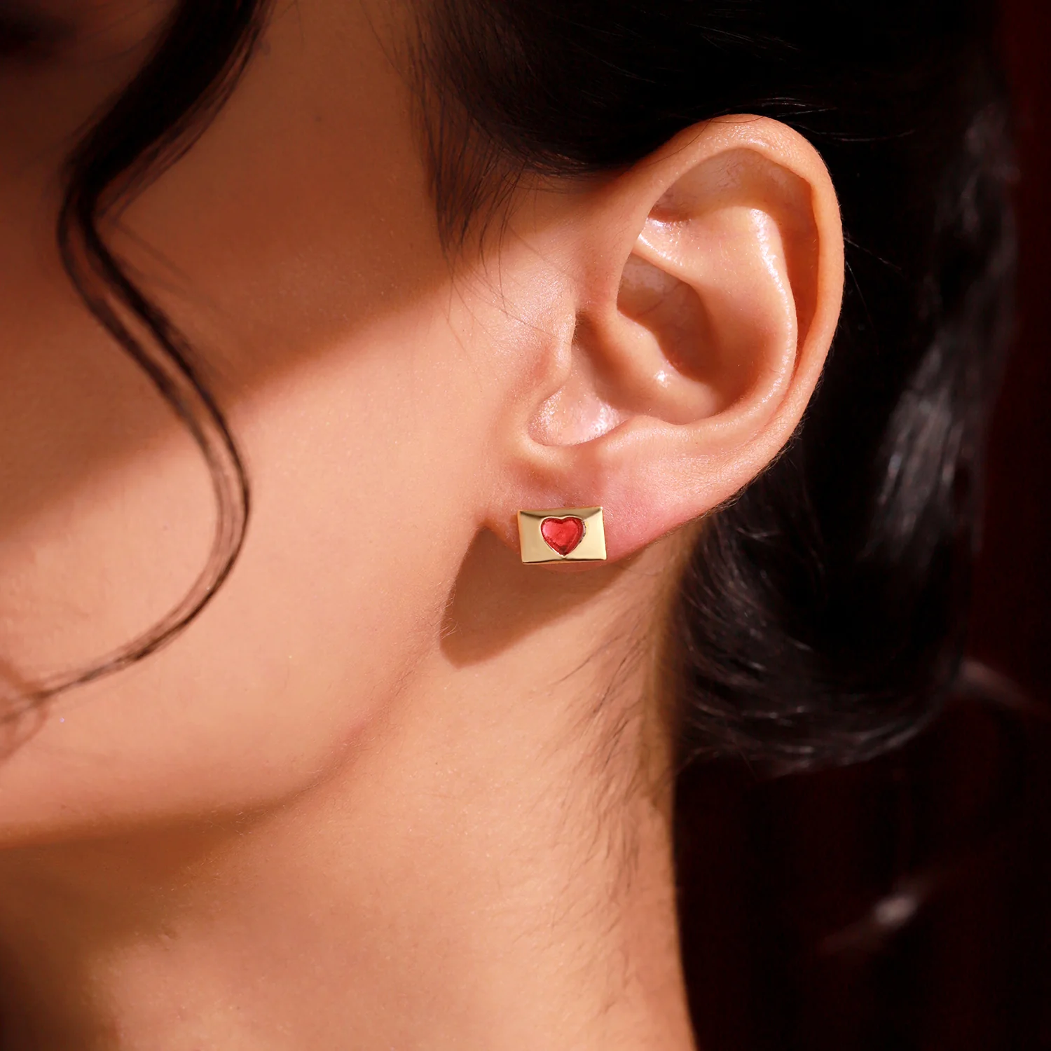 Valentine's Day Love Sealed Red Heart Sterling Silver Stud Earrings - Image 2